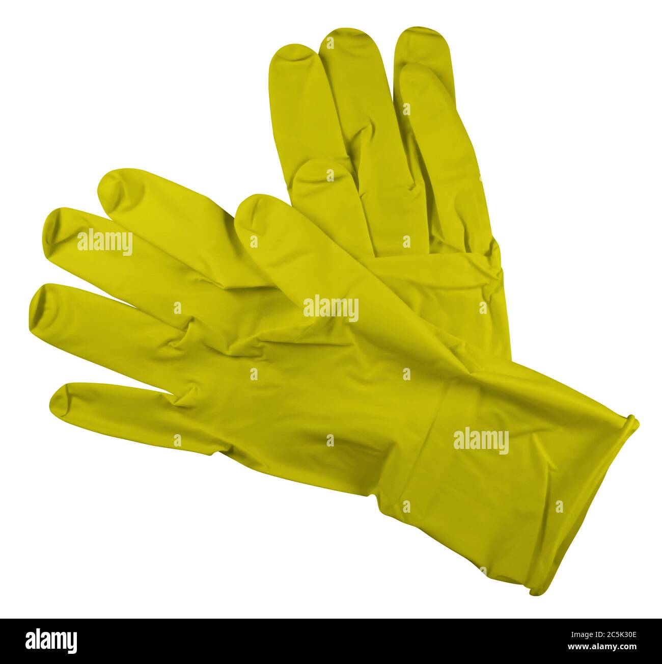 Coppia di guanti di gomma per uso medico gialli, isolati su sfondo bianco. Tracciato di ritaglio incluso. Foto Stock