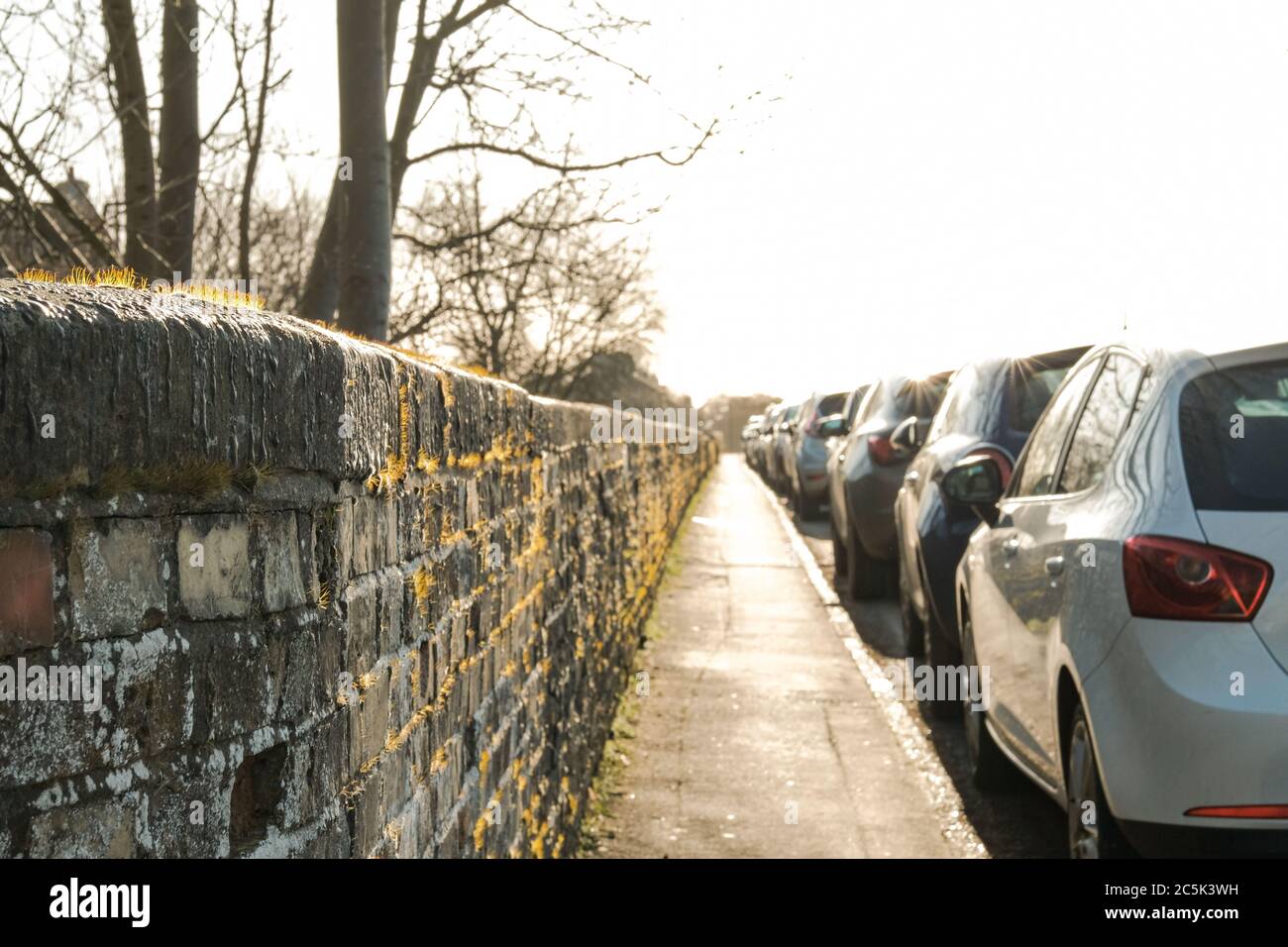 Alto contrasto, vista su un basso livello di un tipico marciapiede visto in una strada a senso unico con auto parcheggiate. Foto Stock