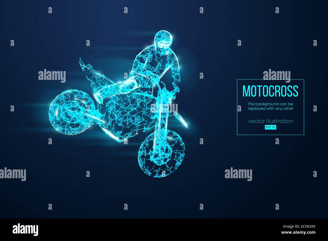 Profilo astratto di un pilota di motocross a reticolo da particelle su sfondo blu. Organizzazione pratica del file eps. Illusione vettoriale. Th Illustrazione Vettoriale