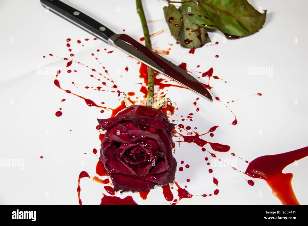 Una rosa di sangue con il coltello su sfondo bianco. Una rosa di Borgogna e  un coltello nel sangue Foto stock - Alamy