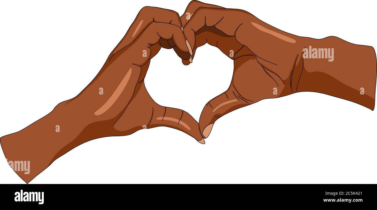 Un'illustrazione che raffigura due mani di colori della pelle nera che formano un cuore Illustrazione Vettoriale