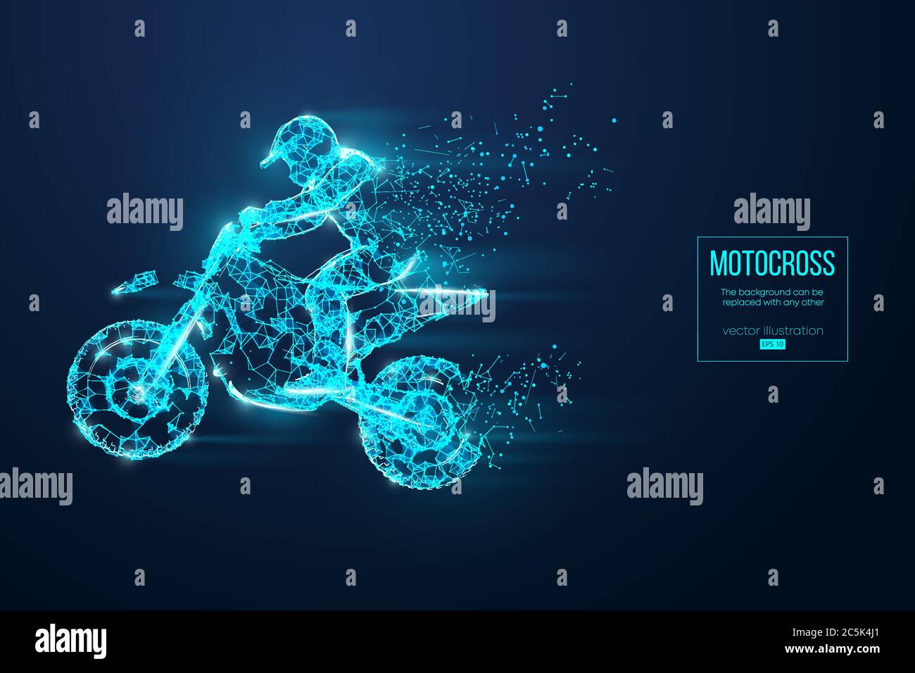 Profilo astratto di un pilota di motocross a reticolo da particelle su sfondo blu. Organizzazione pratica del file eps. Illusione vettoriale. Th Illustrazione Vettoriale