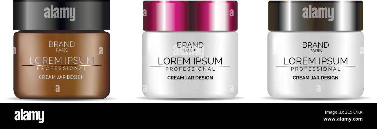 Set di vasetti per crema cosmetica. Confezionamento vettoriale realistico isolato su sfondo bianco. Contenitore in plastica per prodotti per la cura della pelle con coperchio. Illustrazione Vettoriale