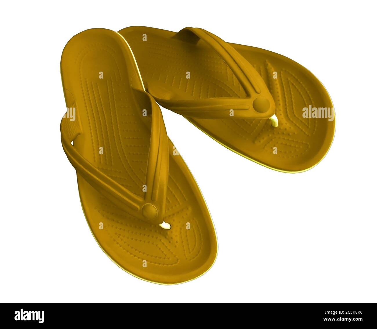 Pantofole di gomma gialla isolate su un bianco. Tracciato di ritaglio incluso. Foto Stock