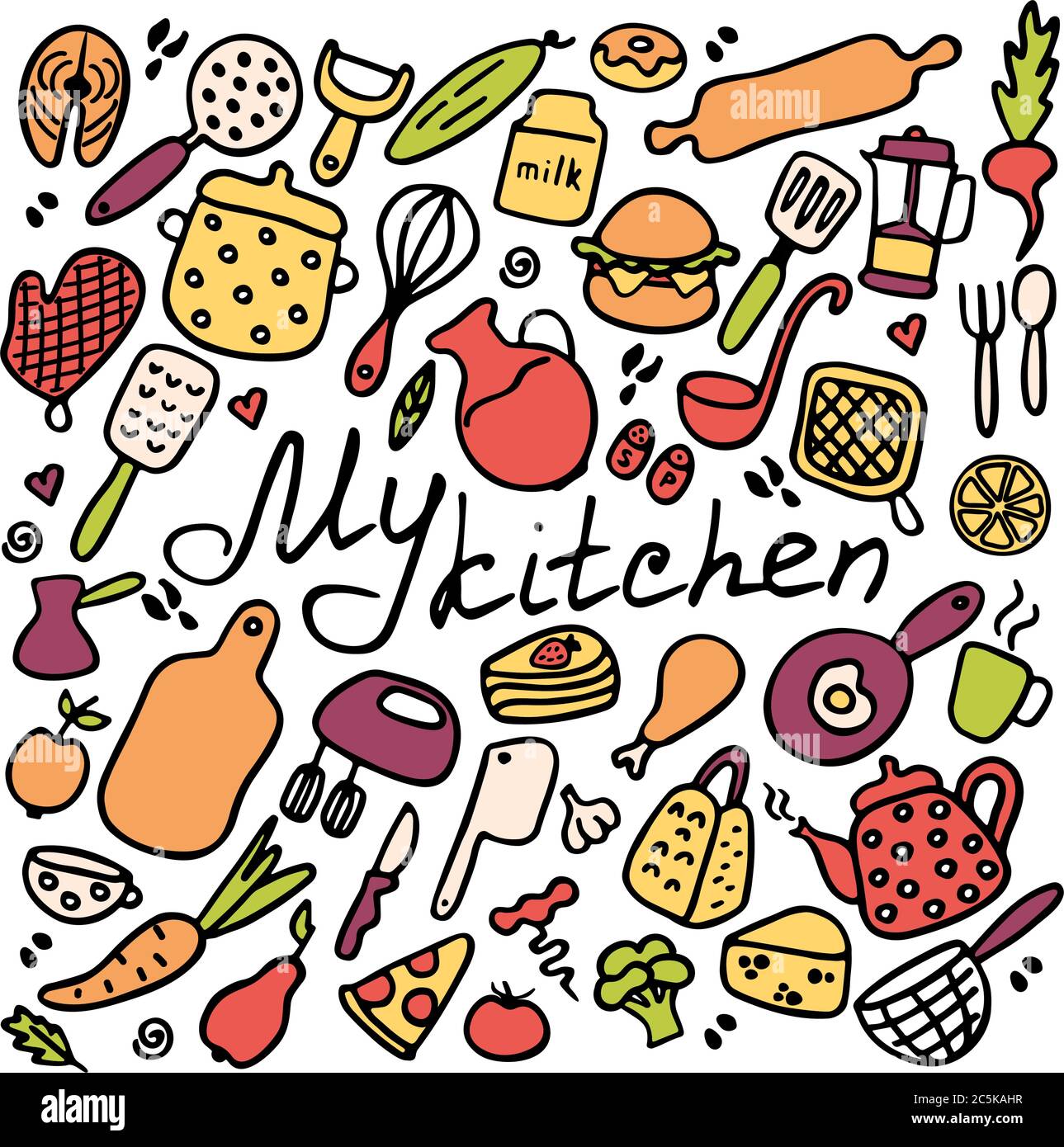 Grande set di articoli da cucina. Doodle icone di elettrodomestici da cucina, dispositivi per la cottura, prodotti e piatti. Grafico disegnato a mano. Illustrazione Vettoriale