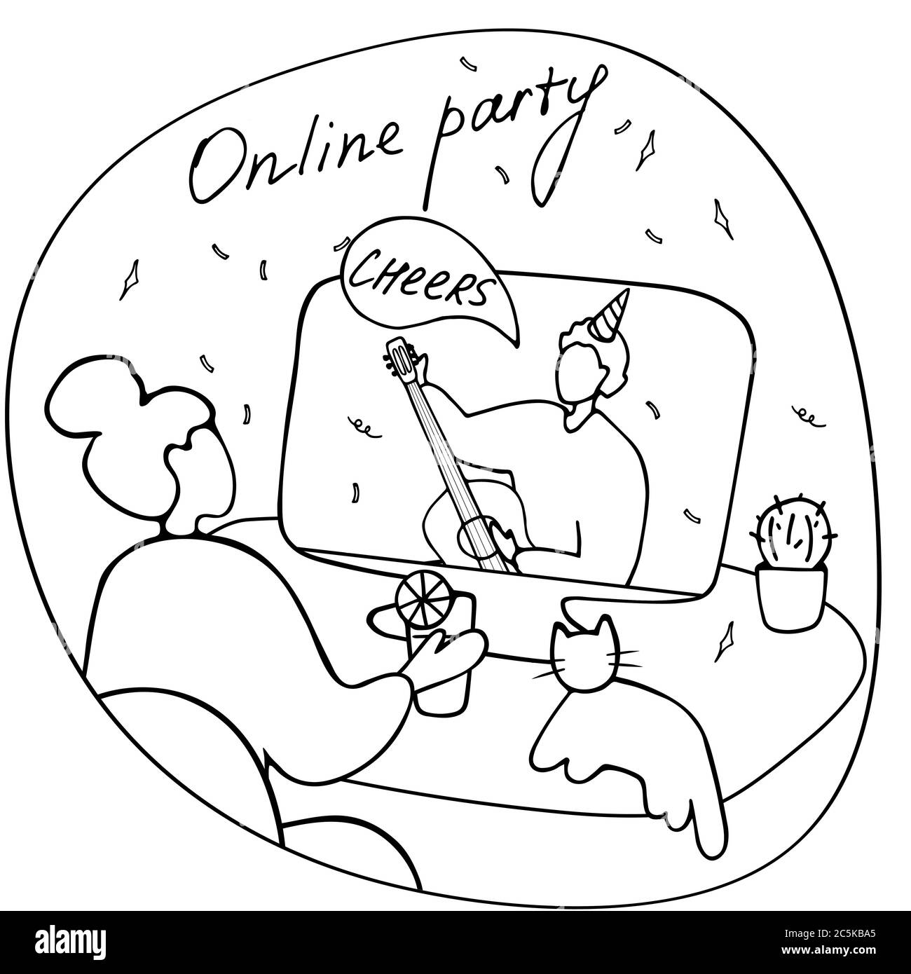 Amici di paesi diversi bevono cocktail e parlano online. Festa di compleanno virtuale, videochiamata. Stile di vita moderno, vita online. Doodle lineare Illustrazione Vettoriale
