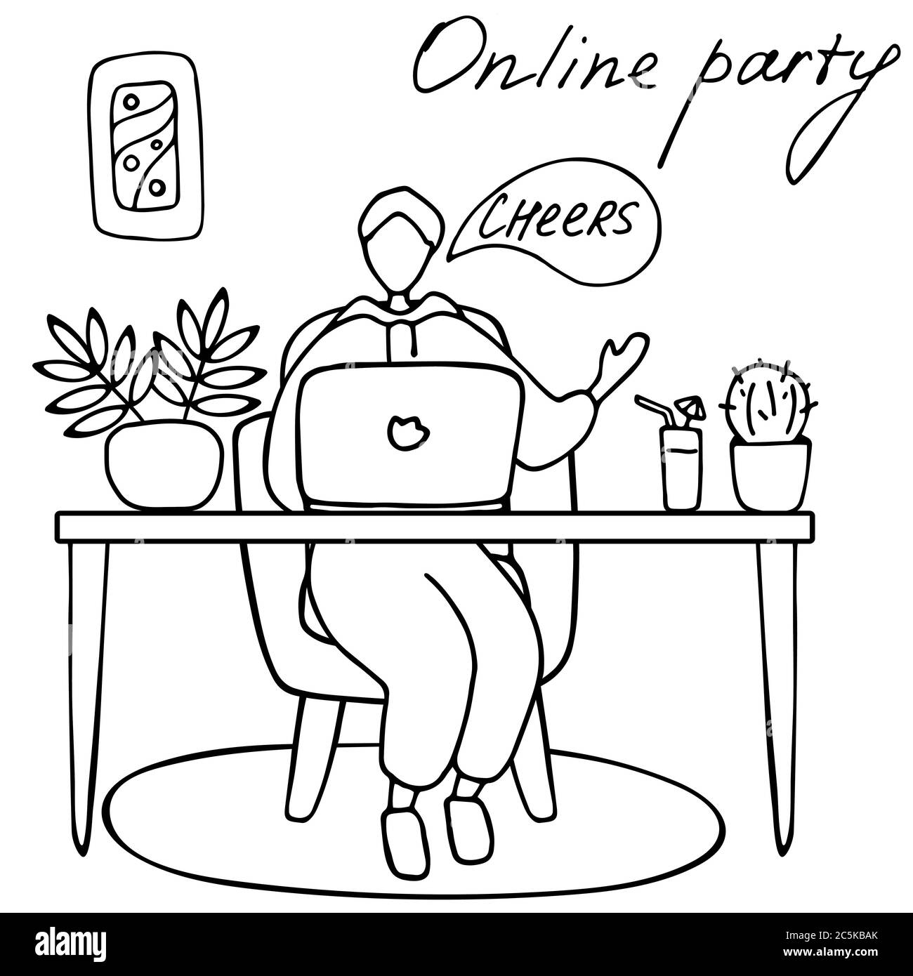 Uomo che parla con gli amici online. Data su Internet. Festa online, evento familiare. Illustrazione vettoriale di Doodle Illustrazione Vettoriale