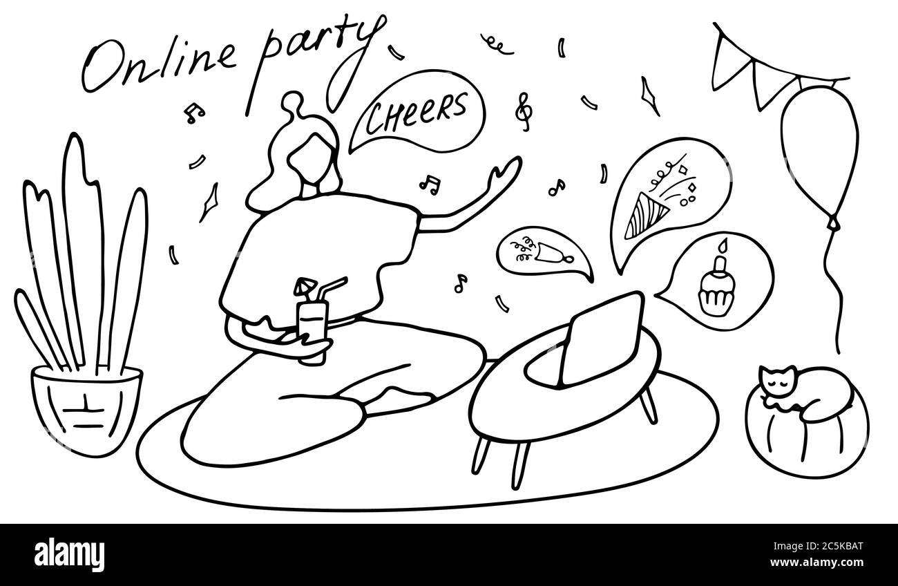 Ragazza beve vino al party online. Festa in rete, riunione virtuale con amici, videoconferenza. Comunicazione di rete remota. Doodle vettoriale Illustrazione Vettoriale