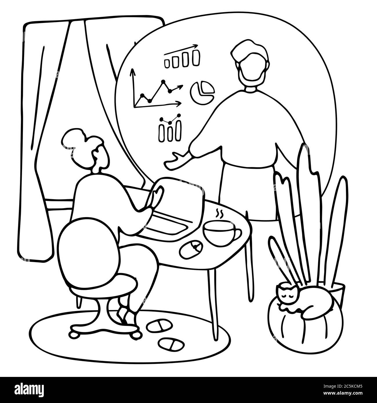 Studente sta studiando online. Donna lavora a distanza da casa. Istruzione a distanza degli studenti. Ragazza in casa ufficio lavoro luogo. Illustrazione Vettoriale