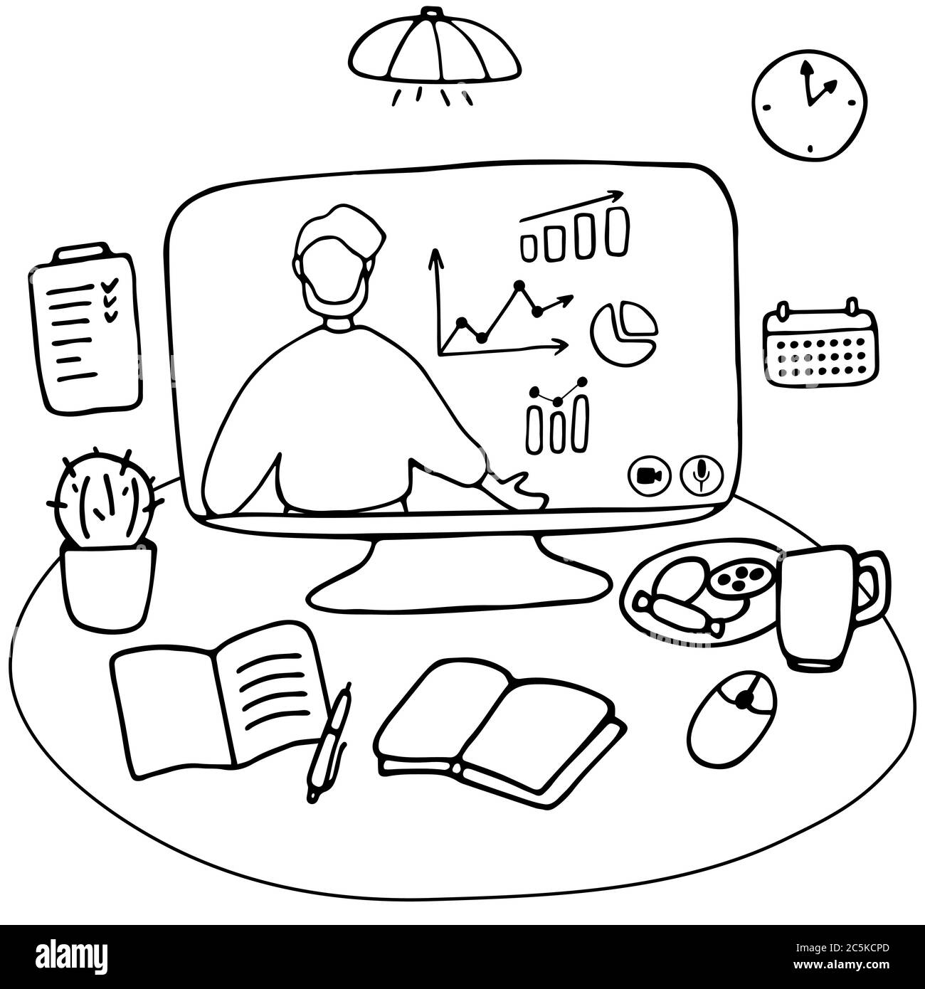 Il carattere dell'uomo sta dando la lezione in linea di affari. Corsi online, insegnamento digitale e a distanza e concetto di apprendimento. Luogo di lavoro per lavoro remoto e Illustrazione Vettoriale