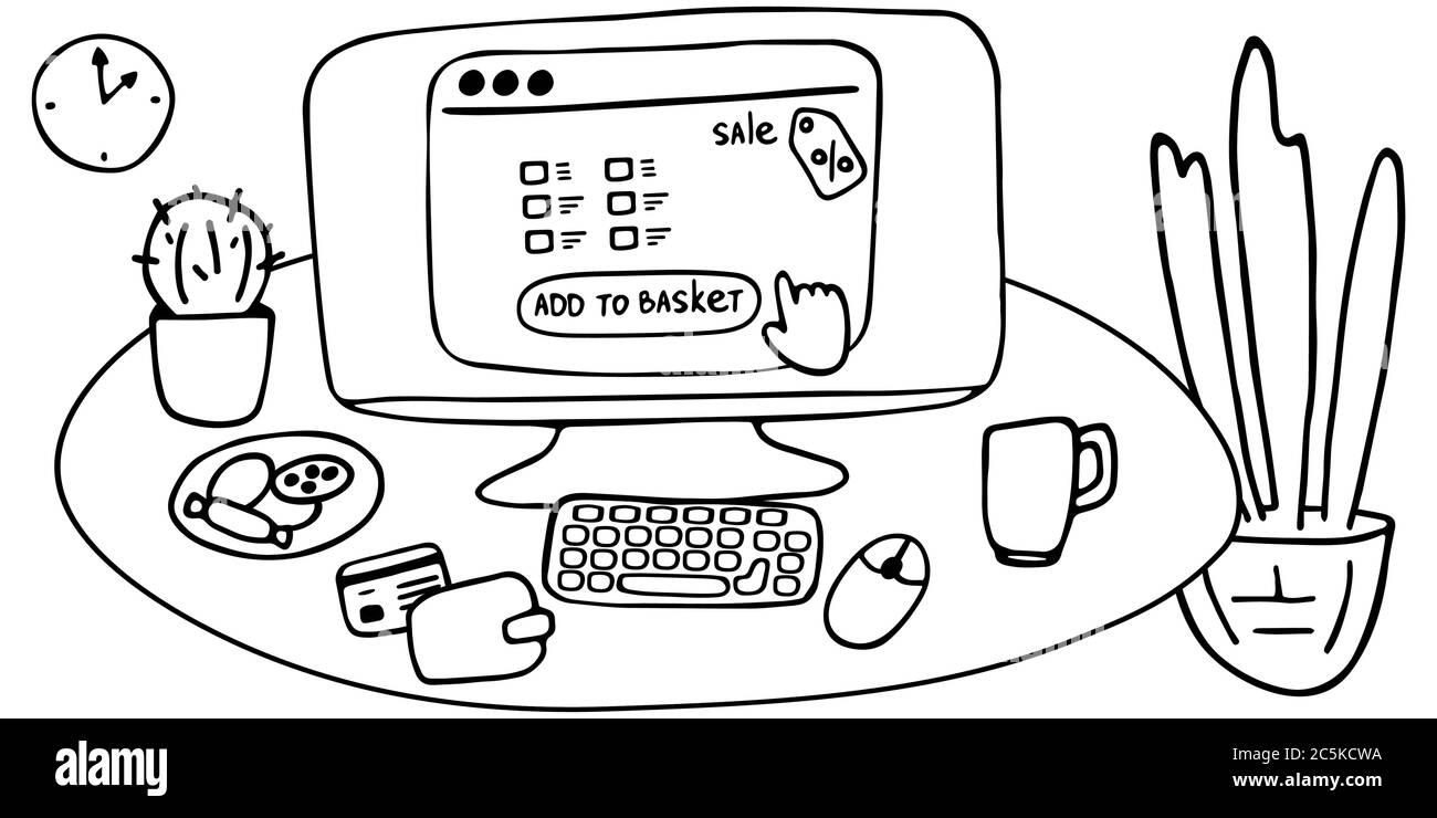 Shopping online. Shopping in Internet, negozio online. Desktop con computer, tastiera e mouse. Concetto di soggiorno a casa. Illustrazione vettoriale di Doodle Illustrazione Vettoriale