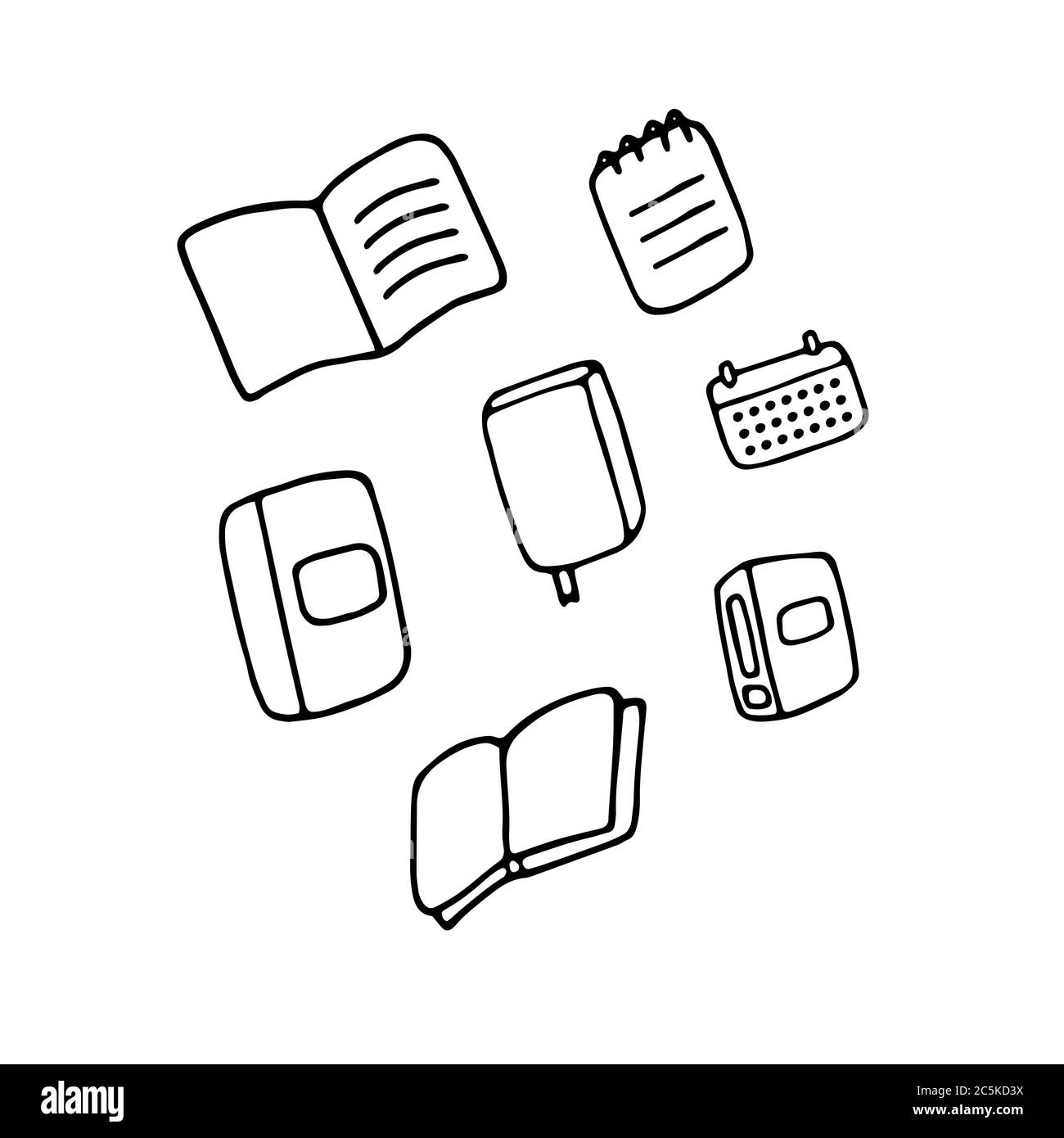 Taccuini, libri, diario, icone di calendar doodle. Set di icone per cancelleria. Illustrazione vettoriale disegnata a mano Illustrazione Vettoriale