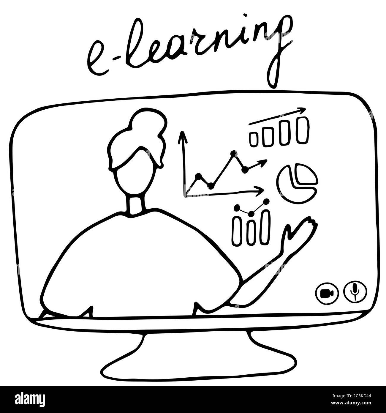 Insegnante online spiega le tabelle sul monitor. Illustrazione vettoriale per l'istruzione online, l'apprendimento, il concetto di e-learning Illustrazione Vettoriale