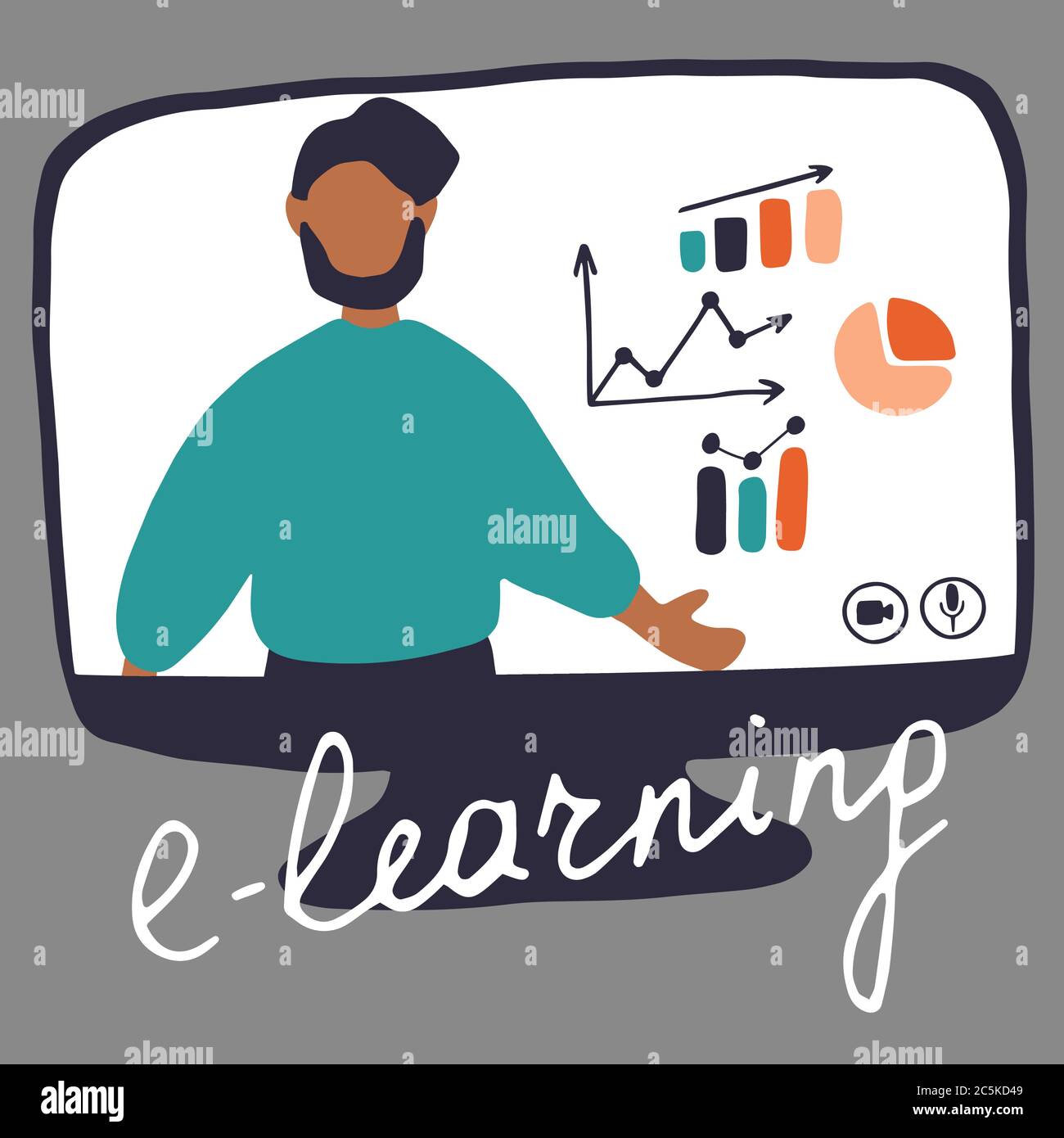 Concetto di design disegnato a mano di formazione online, formazione e corsi, apprendimento, video tutorial. Blogger Live Streaming. Uomo sul monitor. Vettore piatto Illustrazione Vettoriale