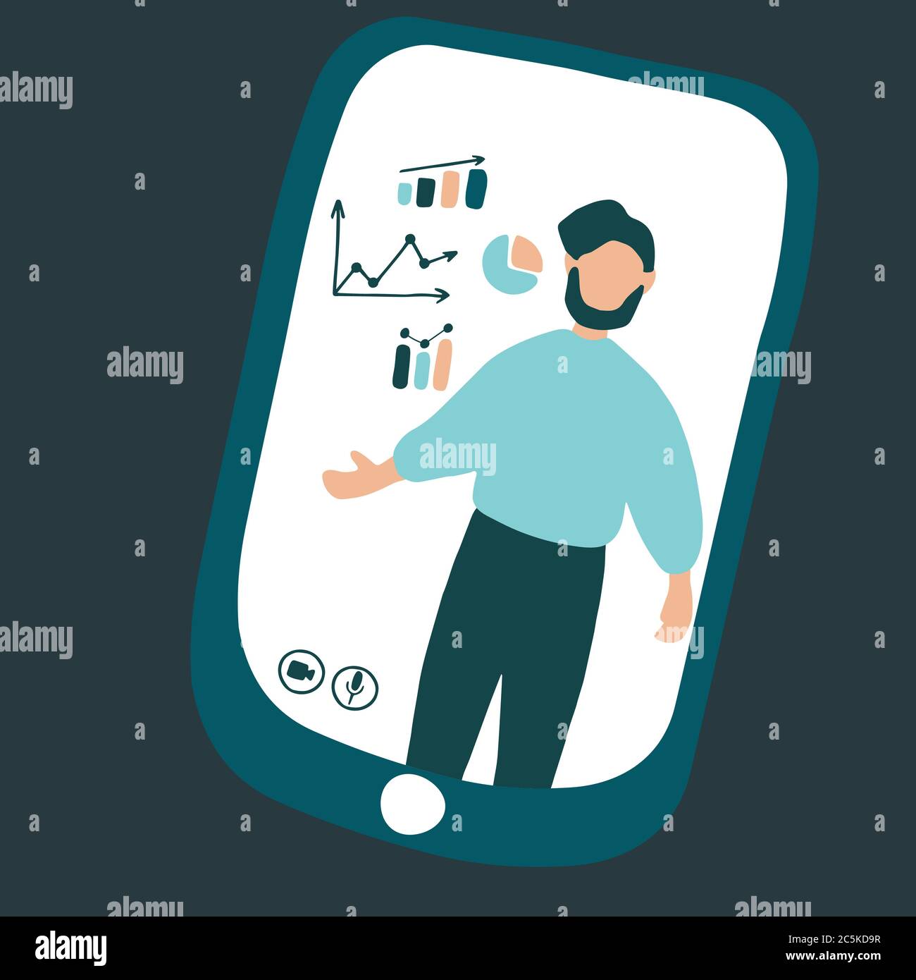 Illustrazione piatta vettoriale di webinar, conferenze online, lezioni e formazione su Internet. L'uomo insegna alla gente a trasmettere in linea. E-learning, video Illustrazione Vettoriale