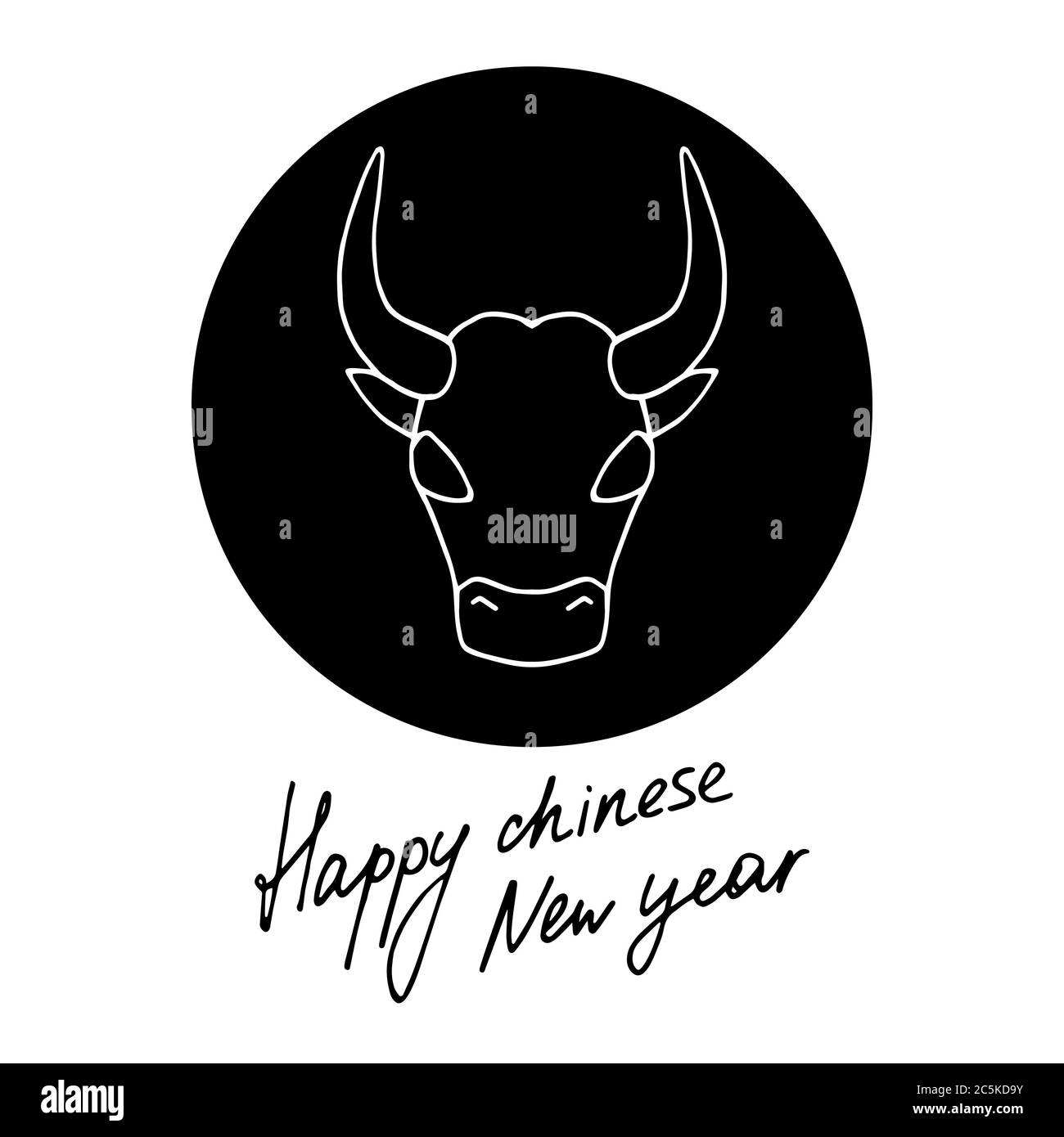 Cinese nuovo anno 2021 anno del bue. Doodle icona toro disegnata a mano e iscrizione scritta a mano Happy chinese Capodanno. Illustrazione vettoriale. Illustrazione Vettoriale