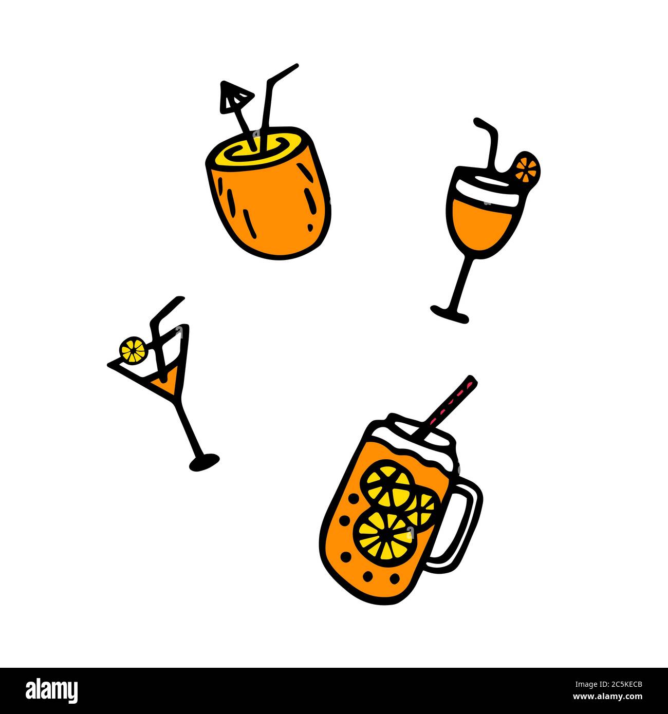 Collezione estiva. Set di icone disegnate a mano con cocco e coccodoli. Confezione di adesivi per stampa e digitale. Illustrazione Vettoriale
