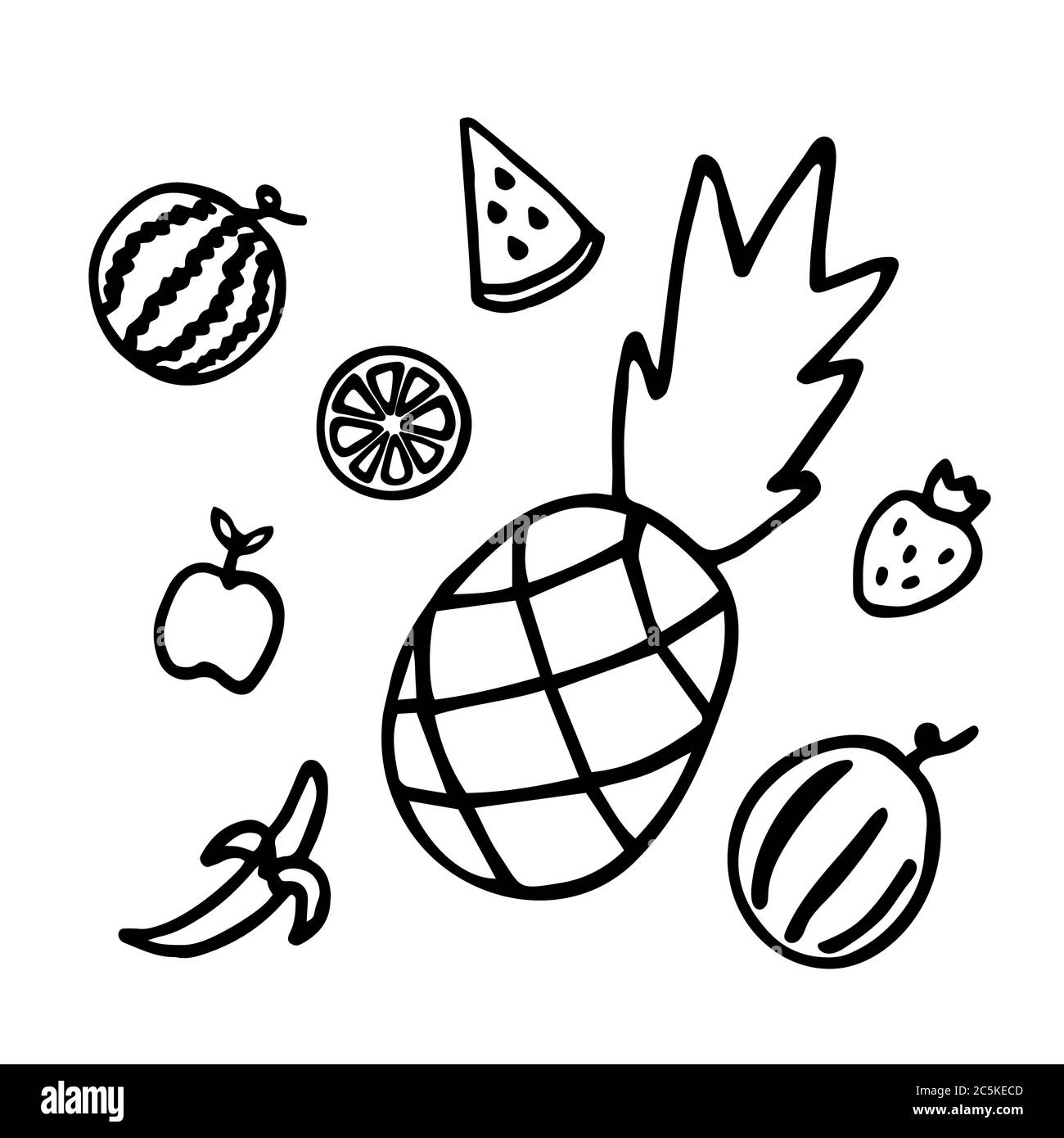 Elementi estivi. Icone di frutta disegnate a mano per stampa e digitale. Nero su bianco. Illustrazione Vettoriale