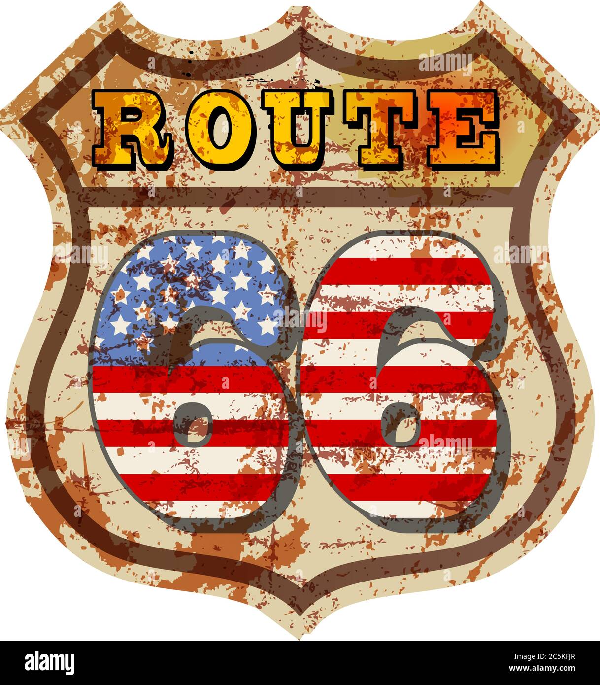 Segnale Route 66, segnale stradale maledetto, stile retrò, illustrazione vettoriale Illustrazione Vettoriale