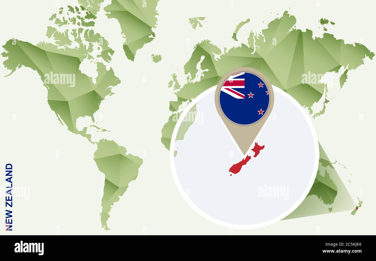 Infografica per la Nuova Zelanda, mappa dettagliata della Nuova Zelanda con bandiera. Mappa grafica verde di Info vettoriali. Illustrazione Vettoriale