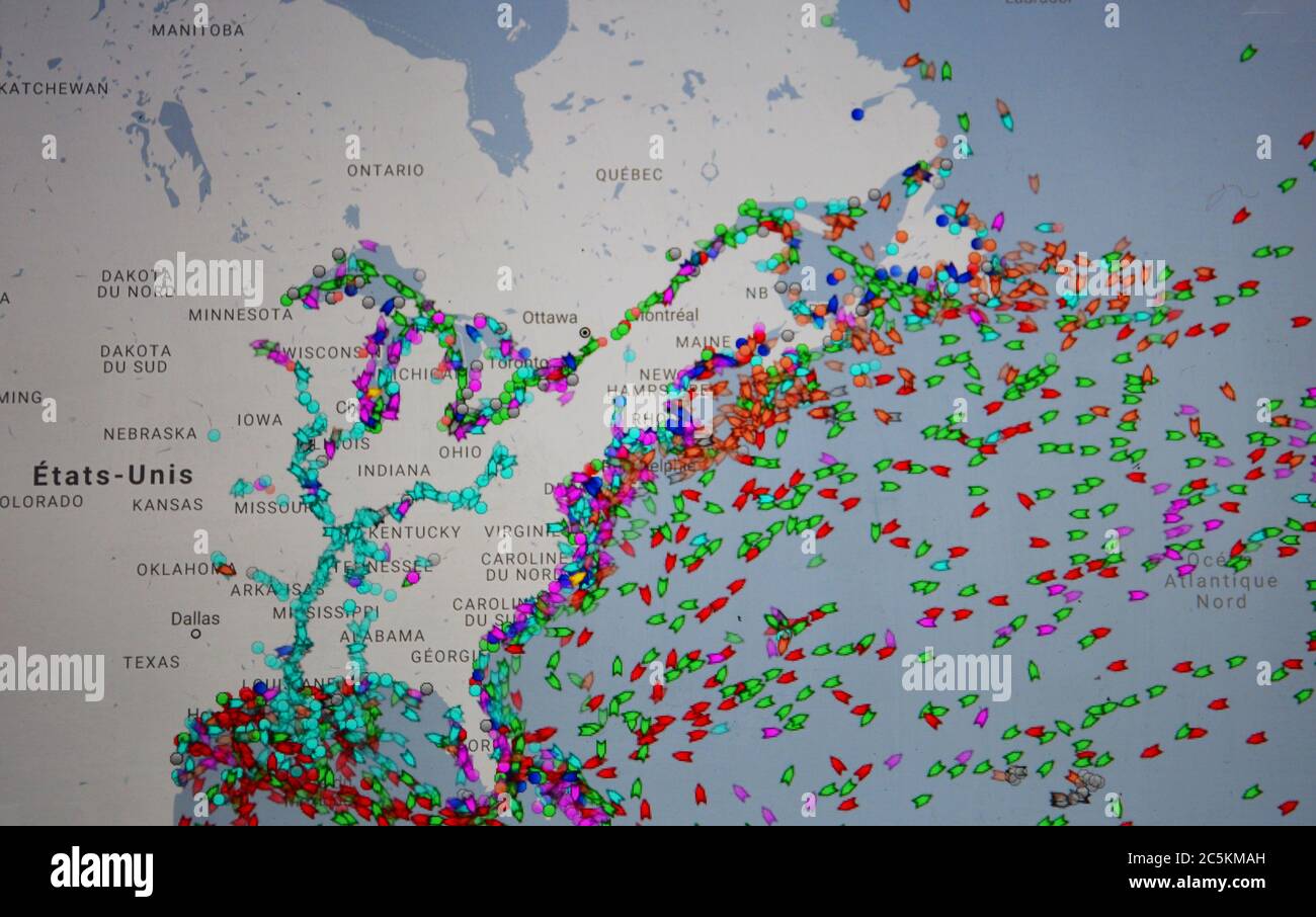 mappa del Nord America con traffico marittimo sul sito internet di Pilotes Maritimes Foto Stock