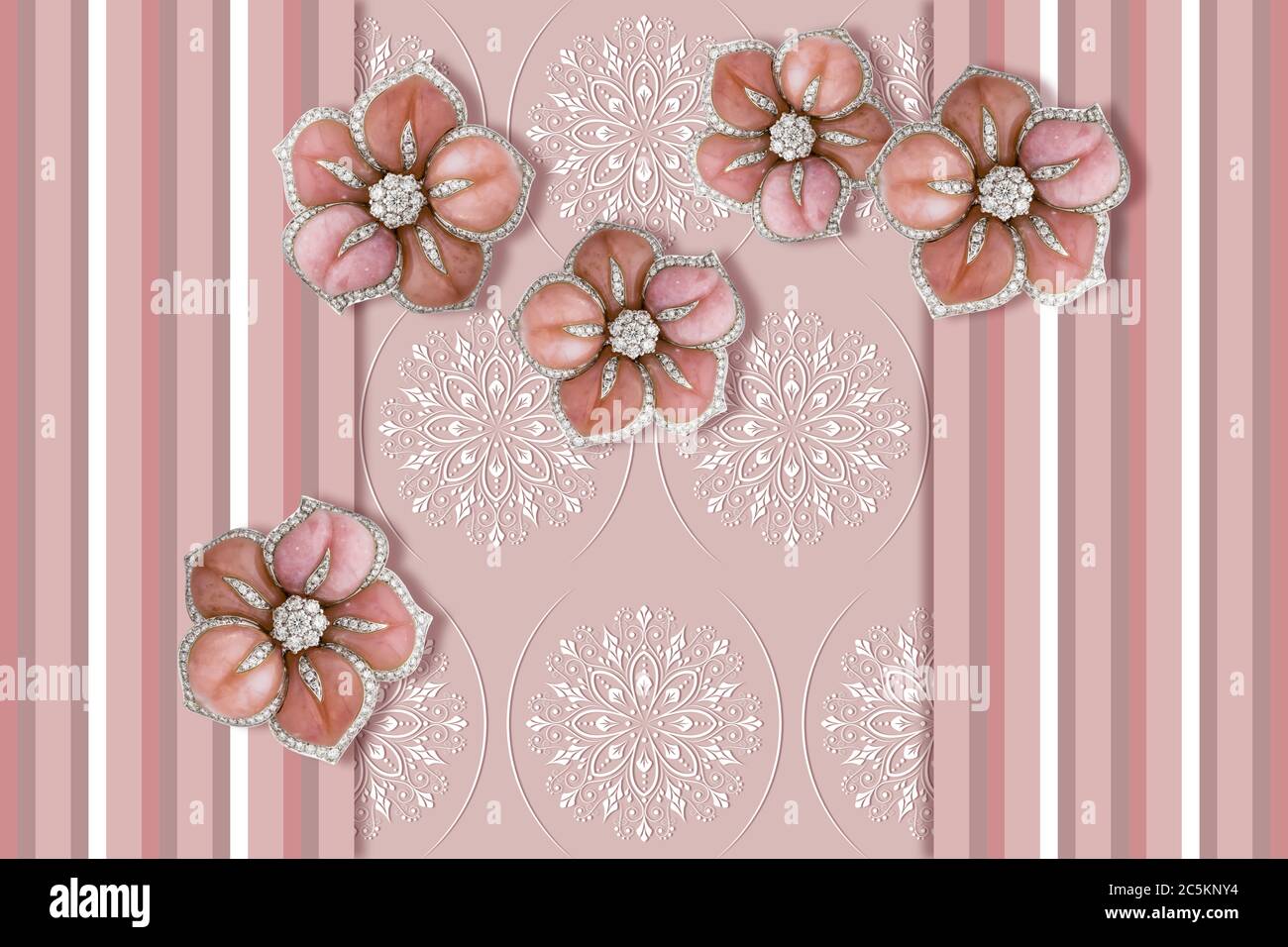 Carta da parati 3D, fiori di gioielleria, motivi a strisce verticali, linee di diverso spessore e sfumature pastello Foto Stock