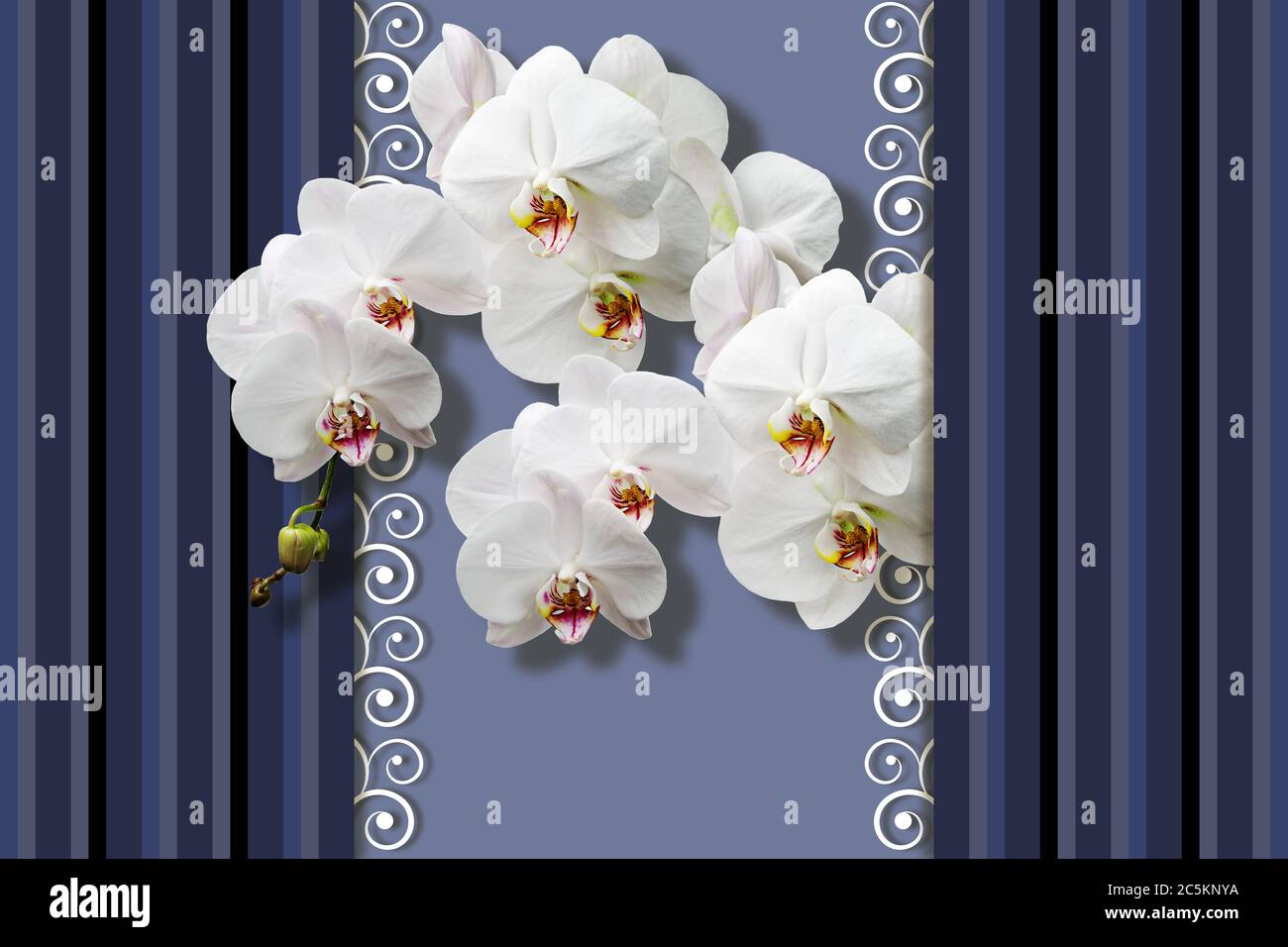 Sfondo 3D, orchidee bianche, motivi con strisce verticali, linee di diverso spessore e sfumature pastello. Sfondo multicolore a strisce. Foto Stock