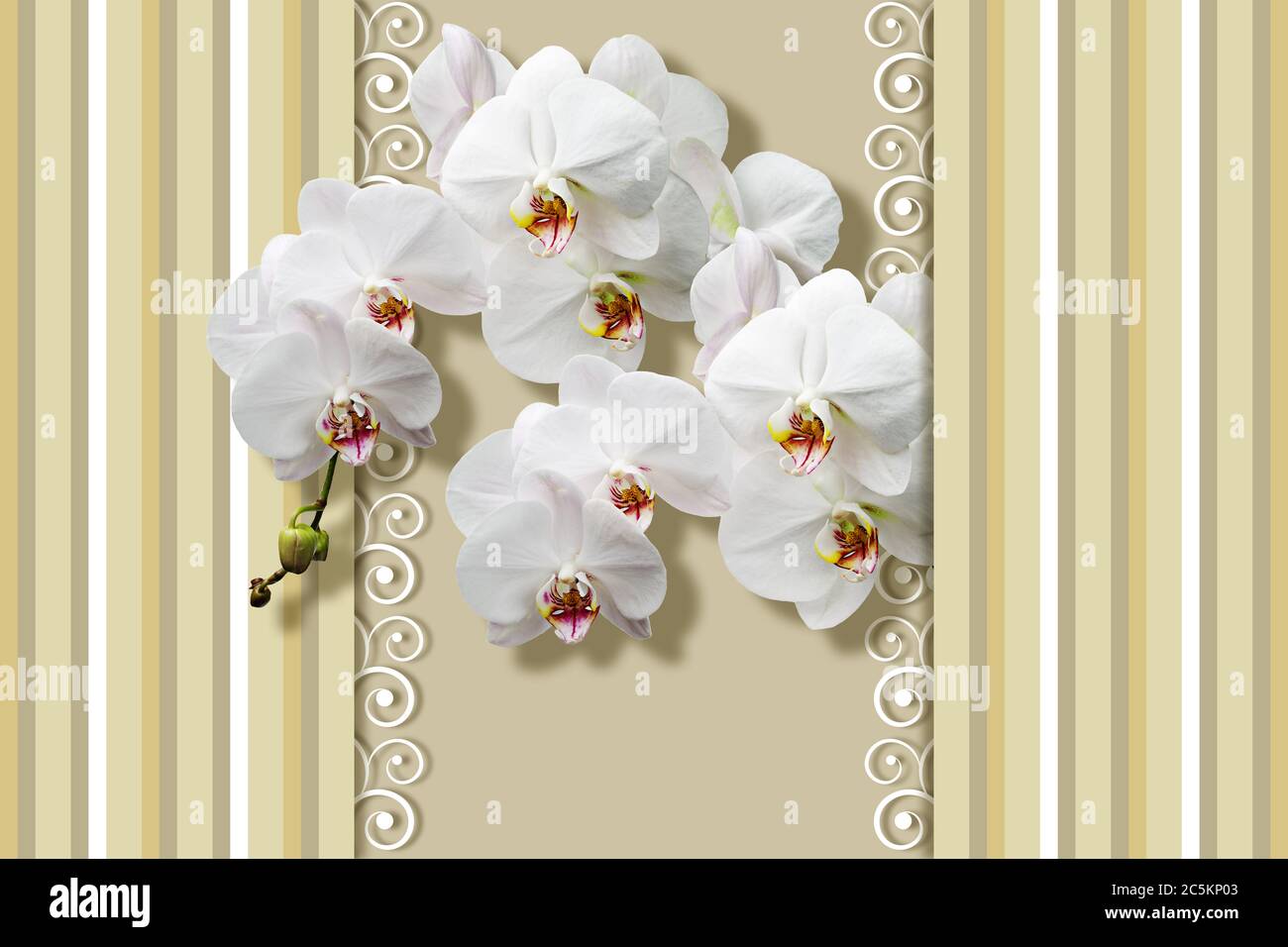 Sfondo 3D, orchidee bianche, motivi con strisce verticali, linee di diverso spessore e sfumature pastello. Sfondo multicolore a strisce. Foto Stock