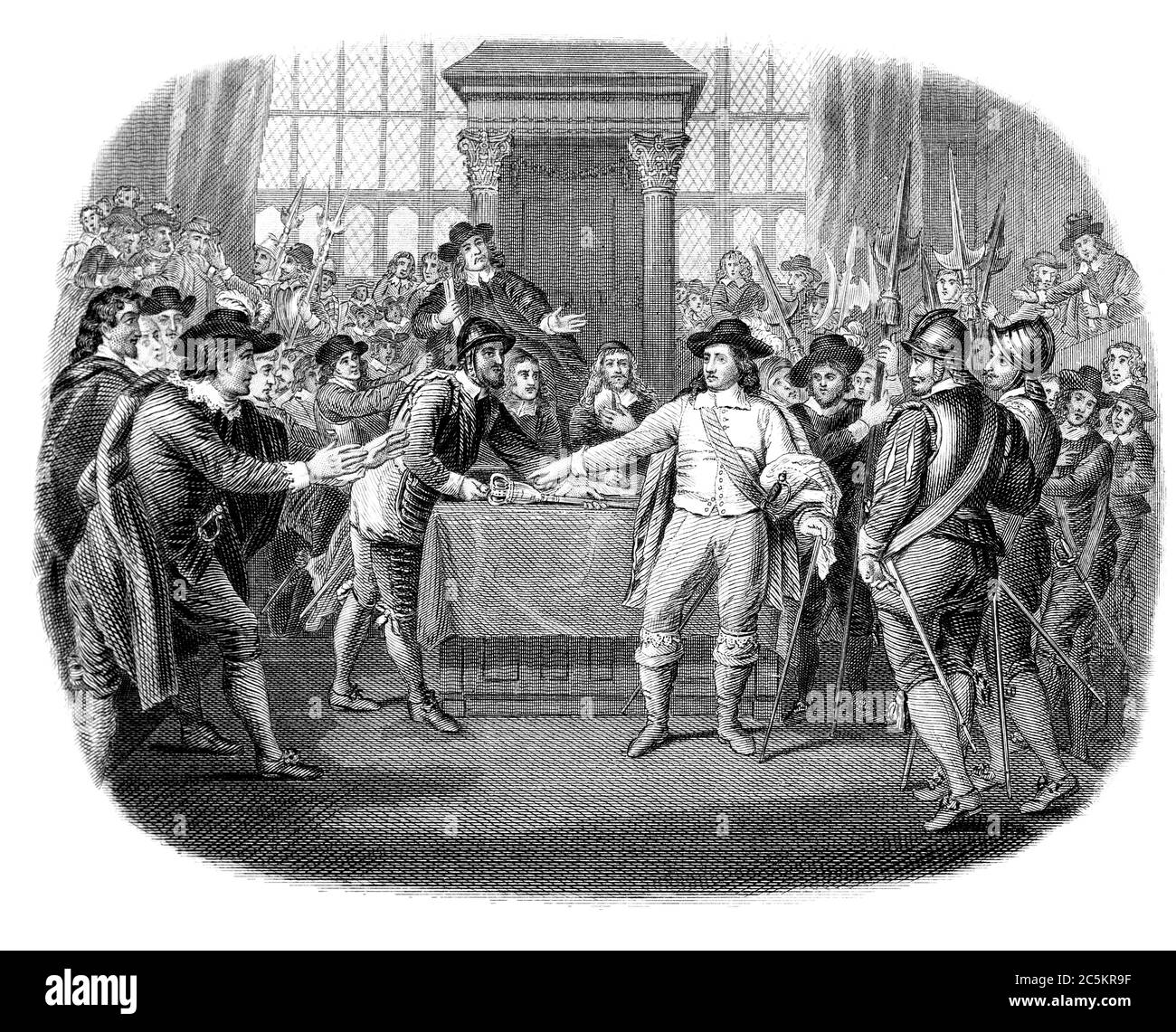 Un'immagine illustrativa incisa di Oliver Cromwell che dissolve il lungo Parlamento in Inghilterra, Regno Unito, da un libro vittoriano datato 1868 che non è più io Foto Stock