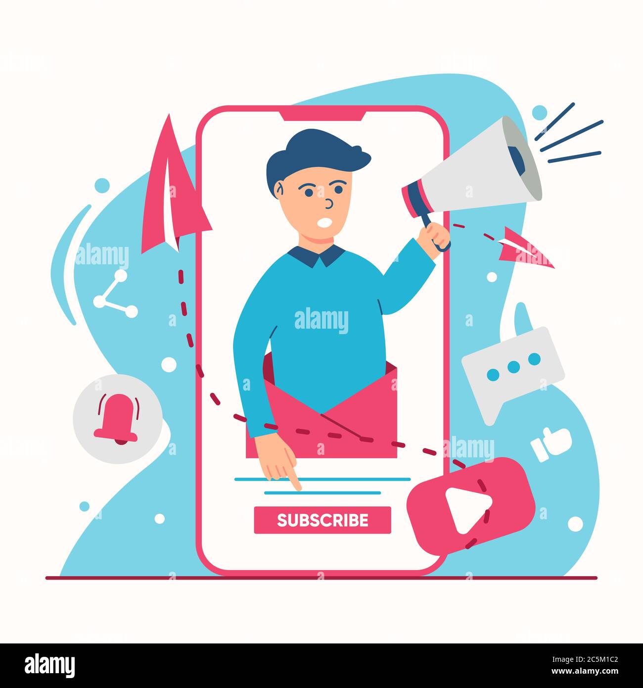 promozione illustrazione con ragazzo che tiene il megafono in design piatto Illustrazione Vettoriale