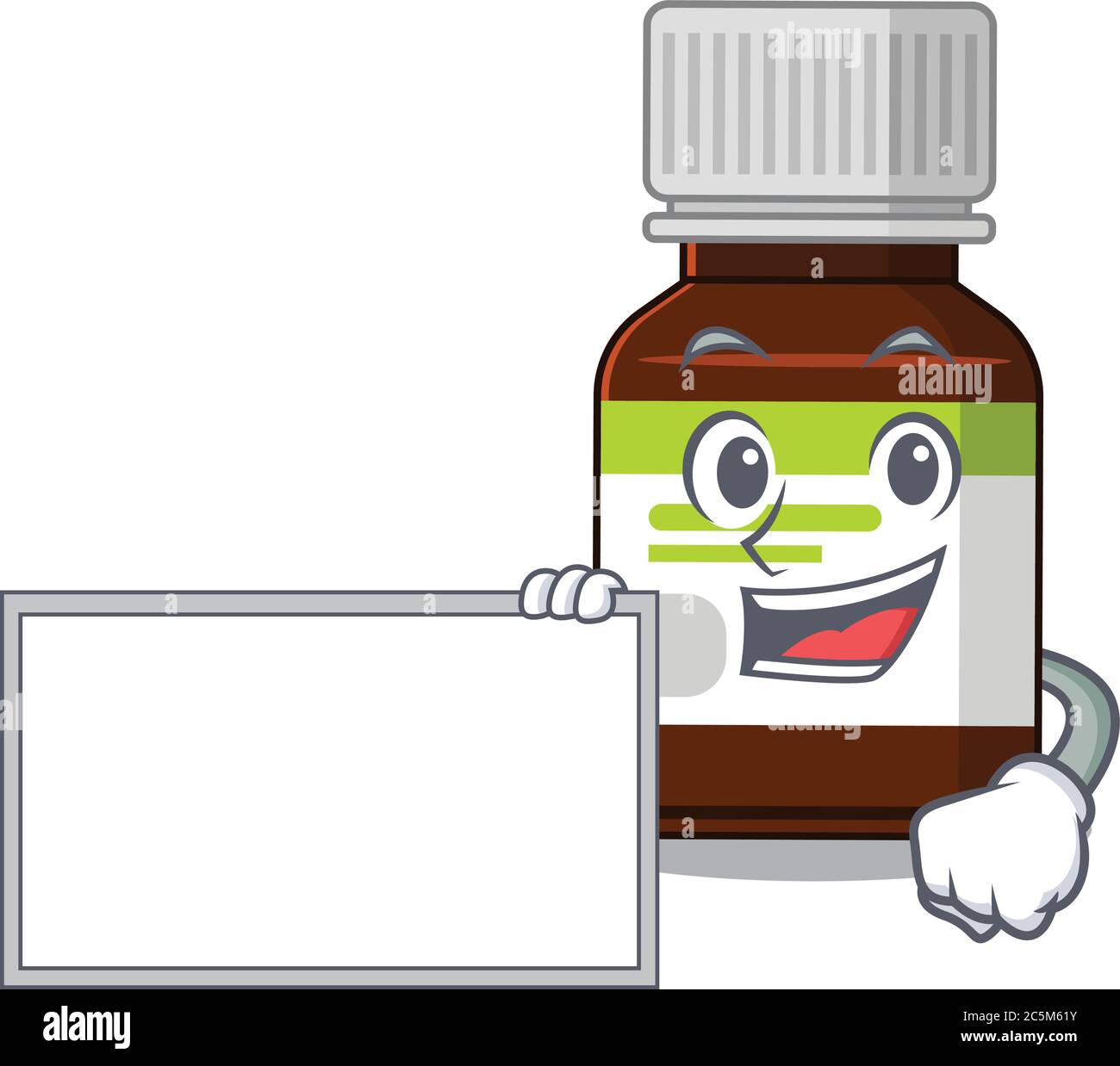 Disegno di carattere di cartone animato di bottiglia di antibiotico che tiene una tavola Illustrazione Vettoriale