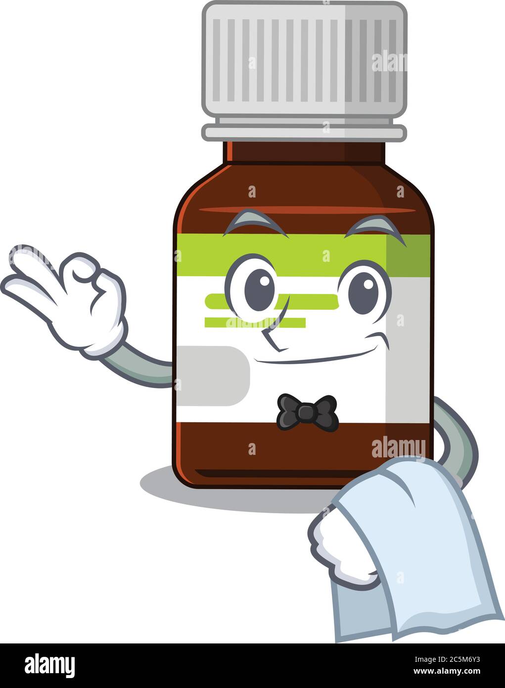Un cartone animato di bottiglia di antibiotico cameriere con un tovagliolo bianco Illustrazione Vettoriale