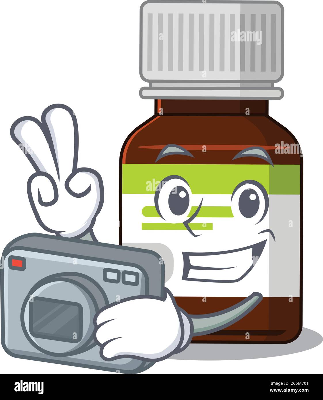 un fotografo professionista bottiglia antibiotico cartone animato foto lavorare con la fotocamera Illustrazione Vettoriale