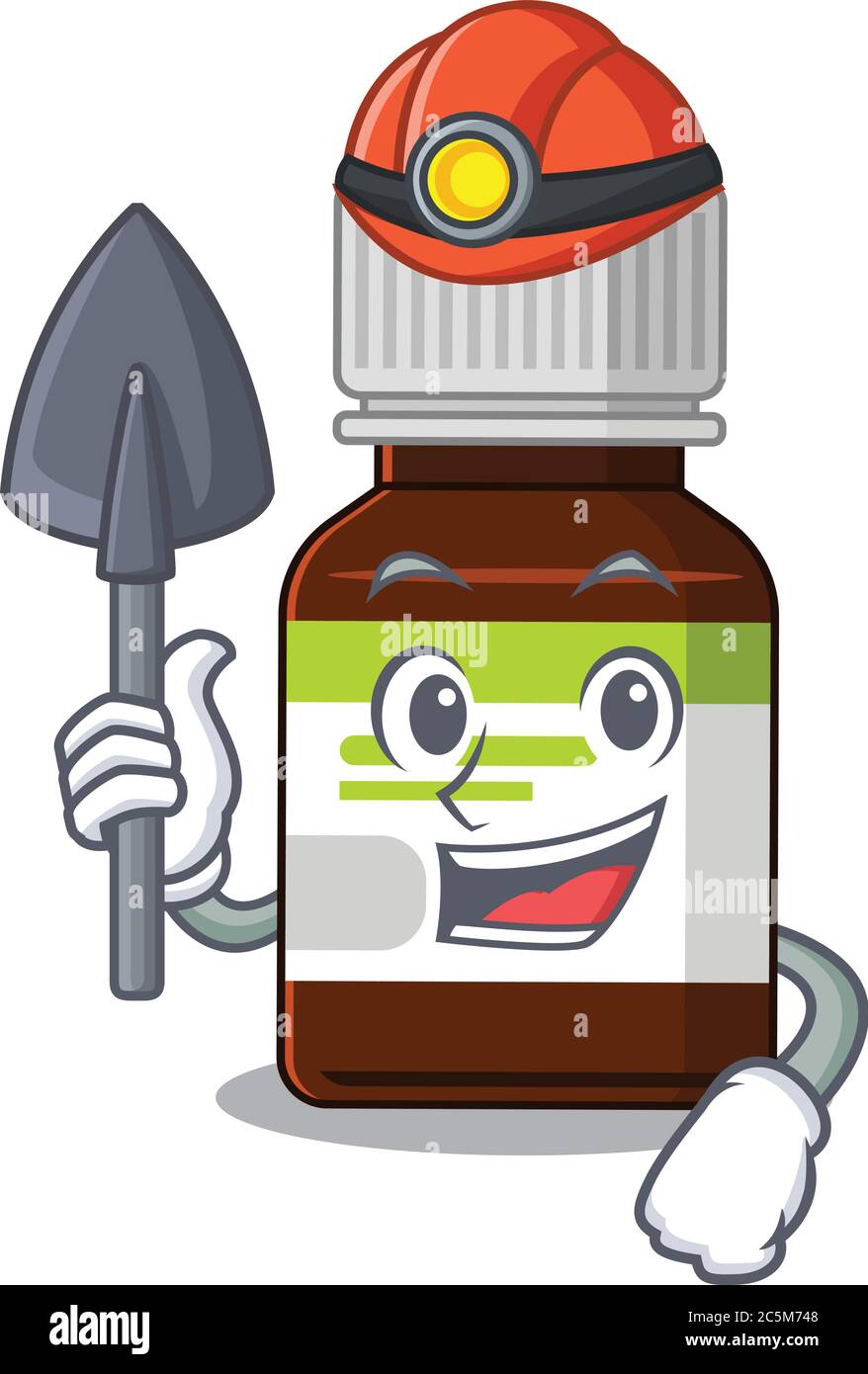 Un cartone animato di minatore di bottiglie di antibiotico con attrezzo e casco Illustrazione Vettoriale