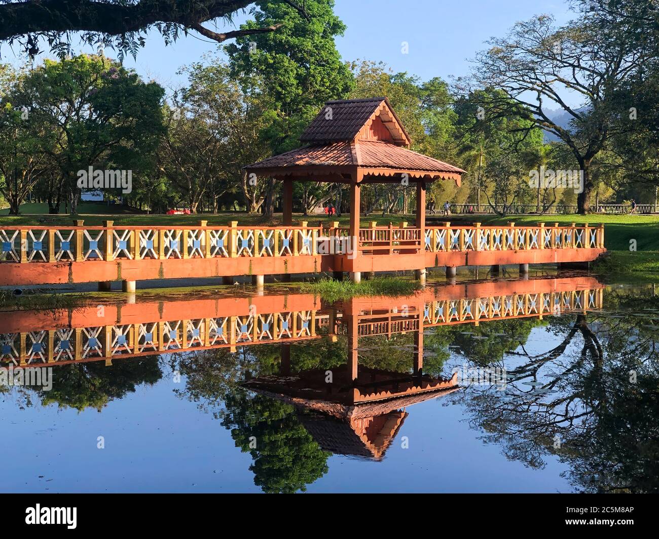 Passerella su un lago, cielo blu, alberi e riflessi in acqua Foto Stock
