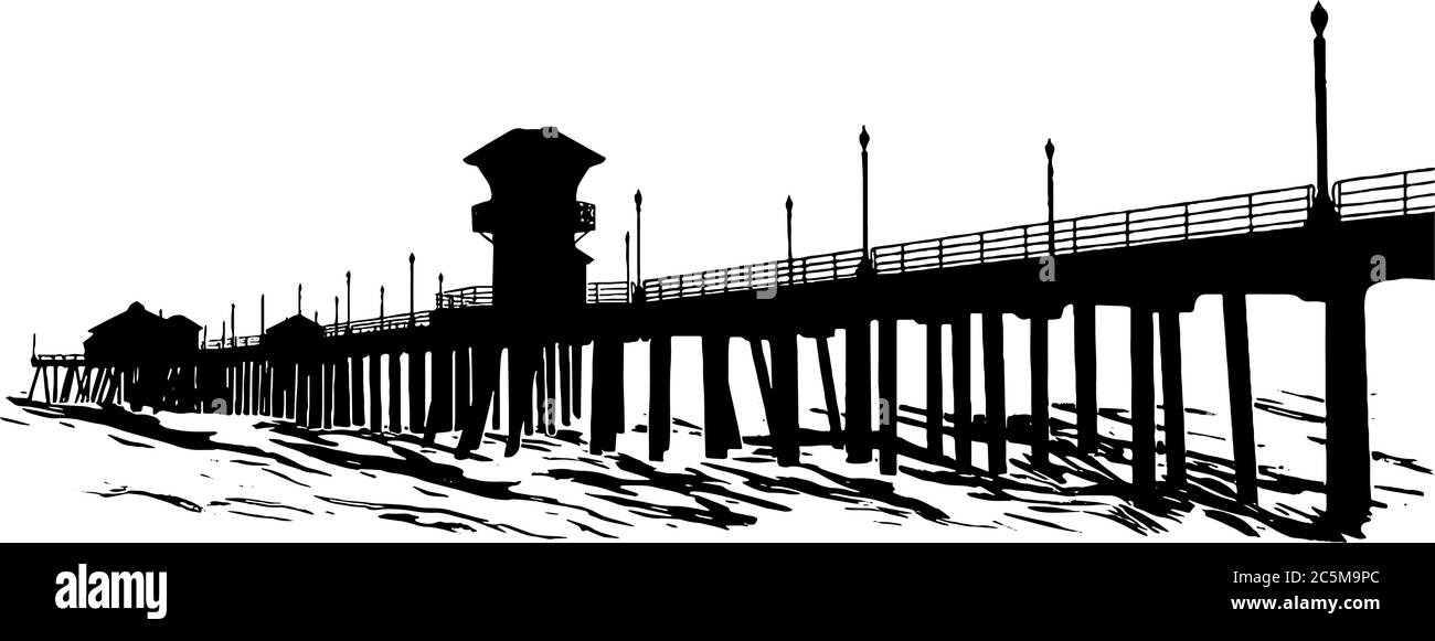 Pier sopra la sagoma del mare in nero su sfondo bianco Illustrazione Vettoriale