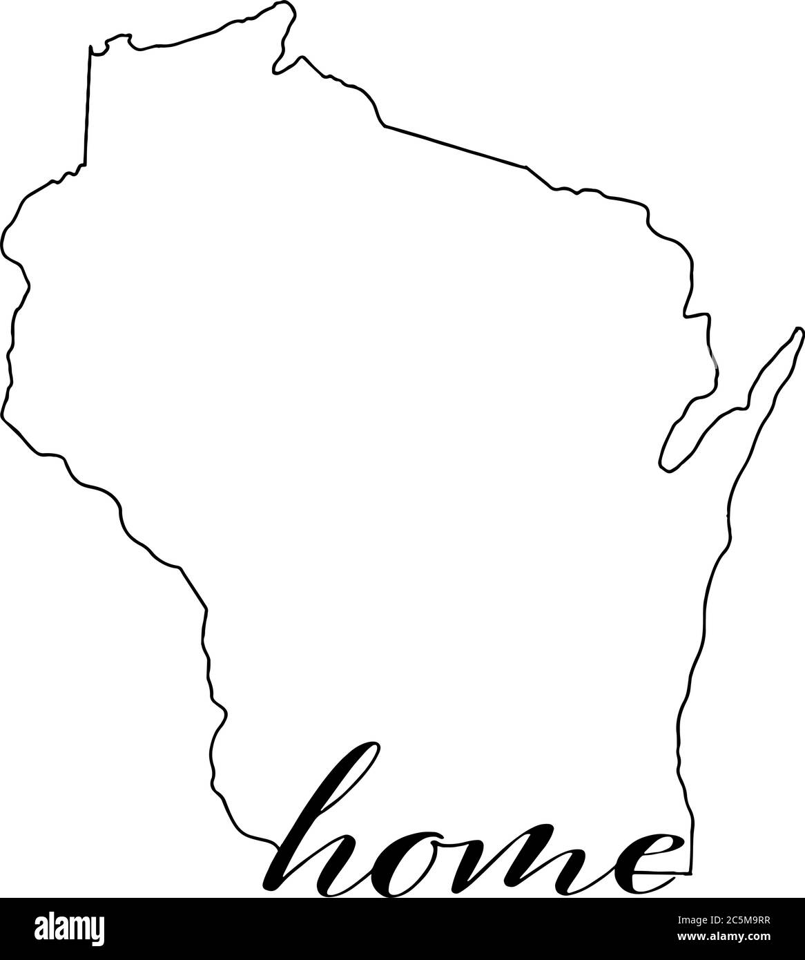 Mappa dello stato del Wisconsin contorno con la parola home scritta nel contorno, isolato su sfondo bianco Illustrazione Vettoriale