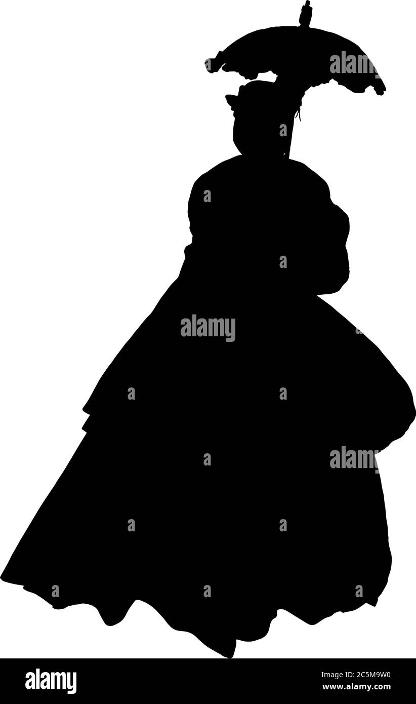 Silhouette vettoriale grafica di una donna in epoca di guerra civile vestito con parasolo Illustrazione Vettoriale