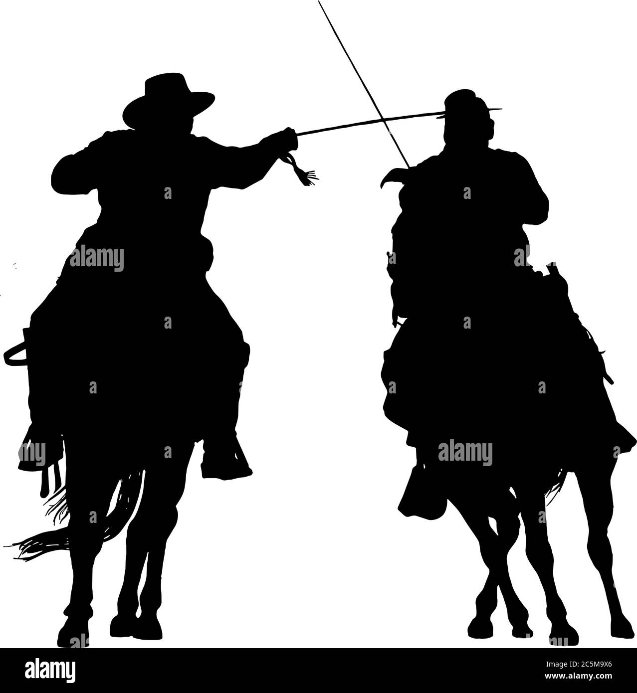 Soldati della Guerra civile americana a cavallo combattendo con spade, silhouette in nero su sfondo bianco Illustrazione Vettoriale