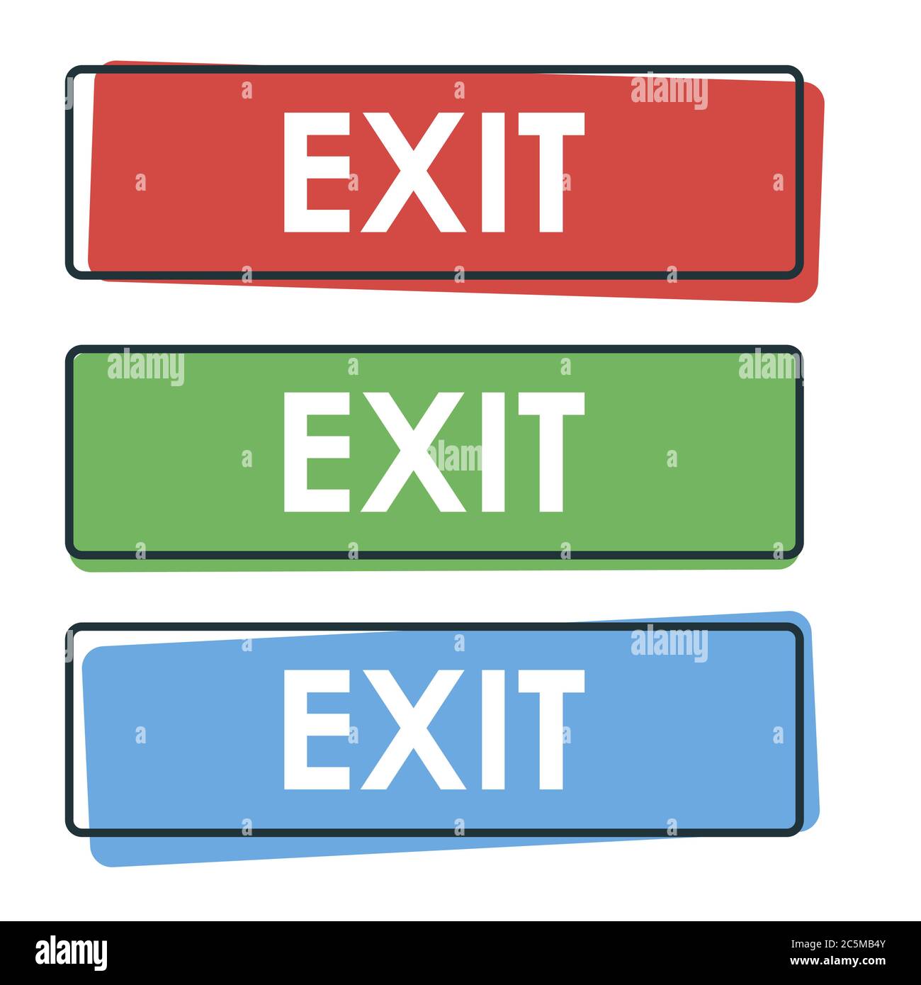 Segnali di uscita di emergenza isolati su sfondo bianco. Illustrazione vettoriale. EPS 10. Illustrazione Vettoriale