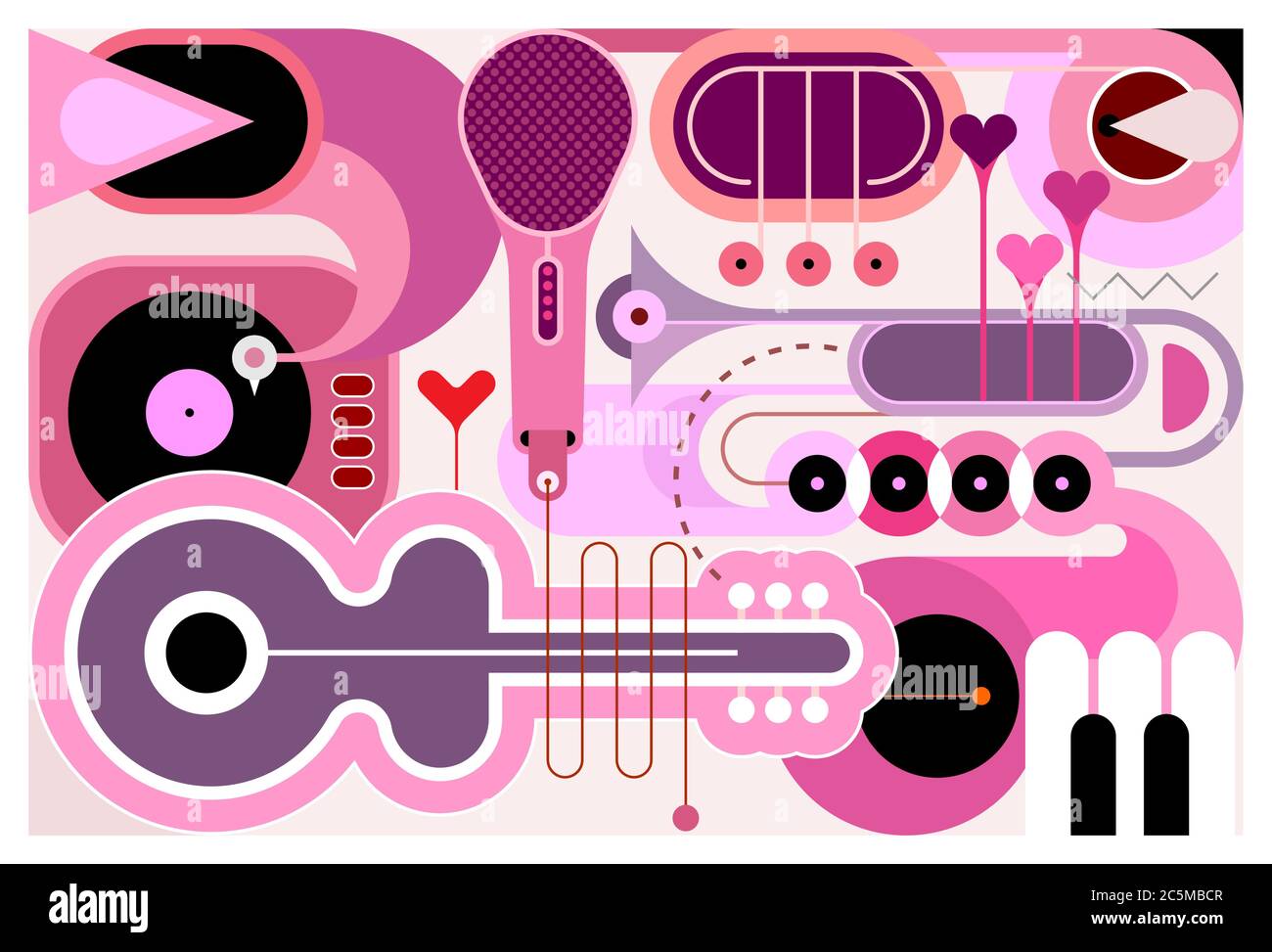Sottofondo musicale astratto. Disegno piatto di diversi strumenti musicali, illustrazione vettoriale. Chitarra acustica, sassofono, tasti del piano, trombe, microp Illustrazione Vettoriale