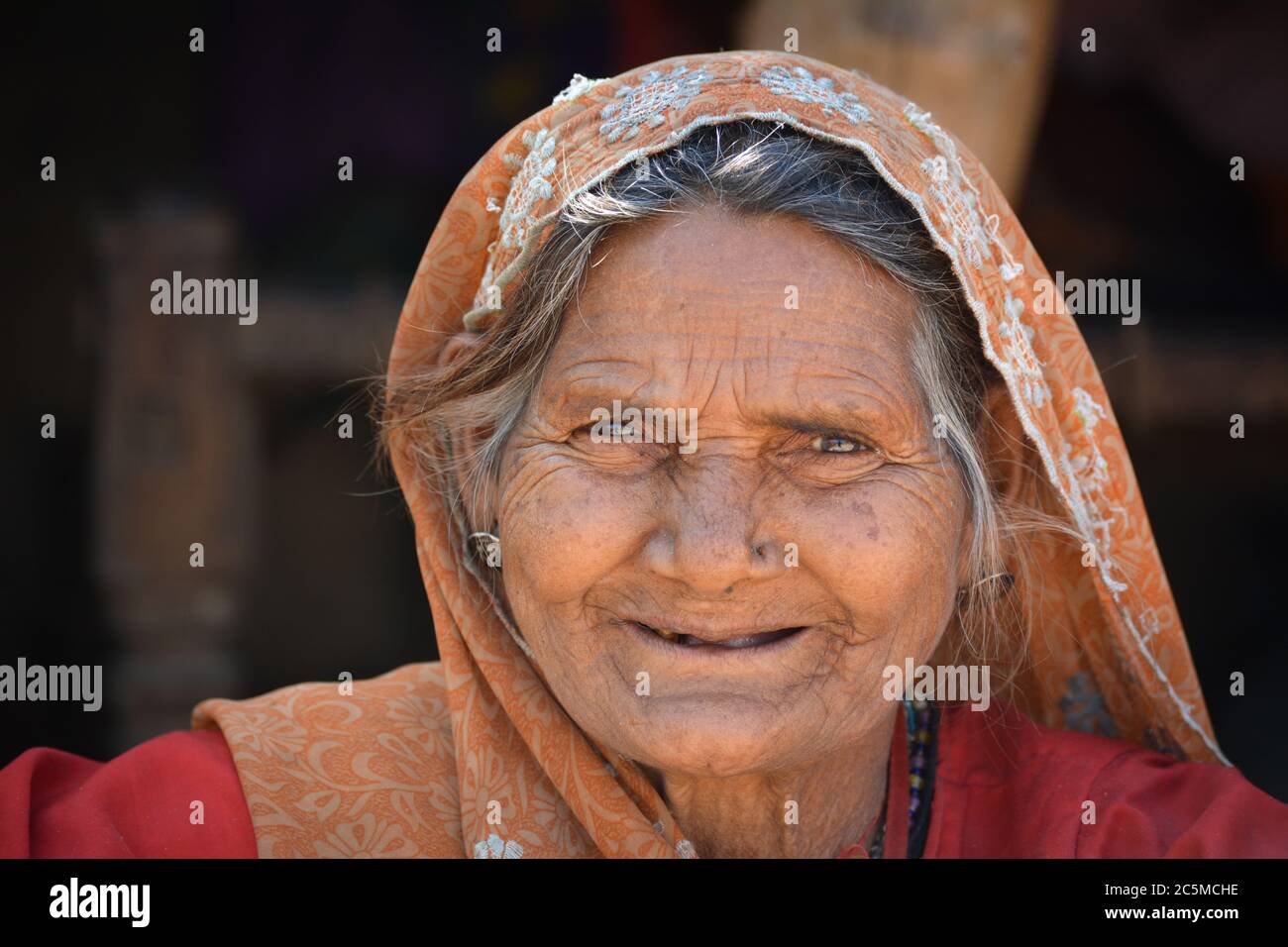 TIKAMGARH, MADHYA PRADESH, INDIA - 03 FEBBRAIO 2020: Ritratto di una vecchia donna indiana al suo villaggio. Foto Stock
