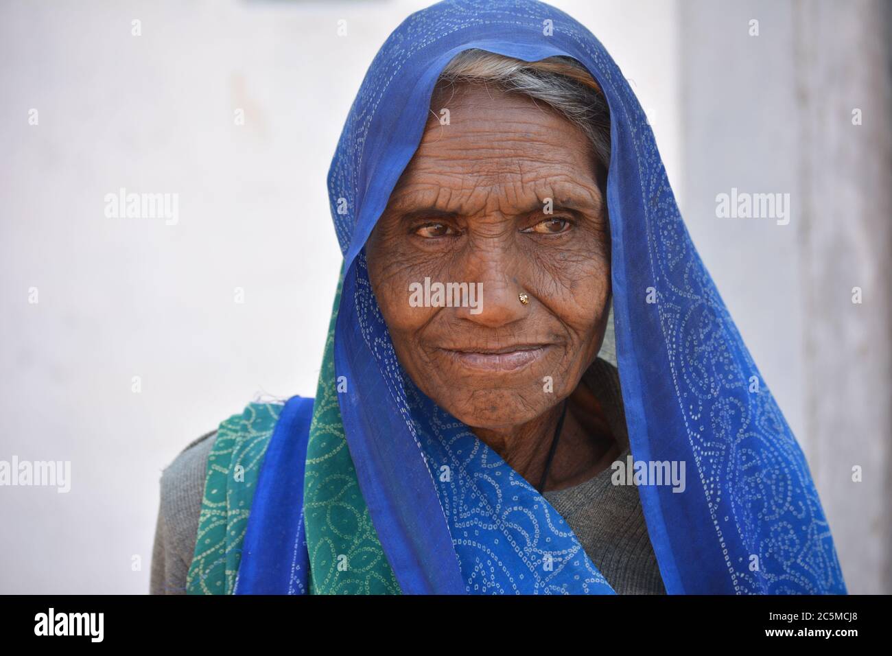 TIKAMGARH, MADHYA PRADESH, INDIA - 08 FEBBRAIO 2020: Ritratto di una vecchia donna indiana al suo villaggio. Foto Stock
