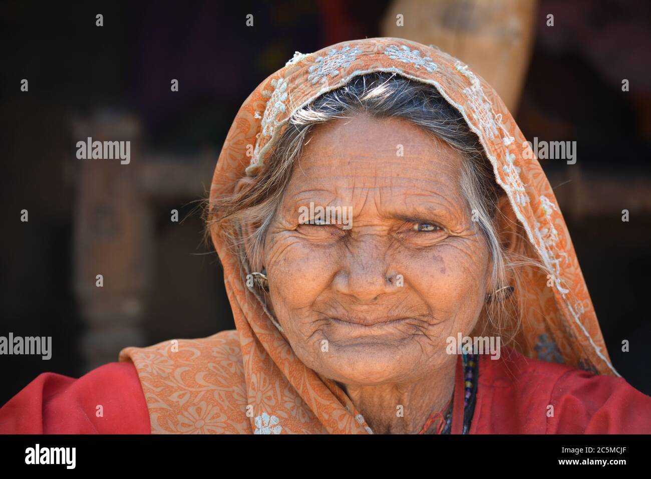 TIKAMGARH, MADHYA PRADESH, INDIA - 03 FEBBRAIO 2020: Ritratto di una vecchia donna indiana al suo villaggio. Foto Stock