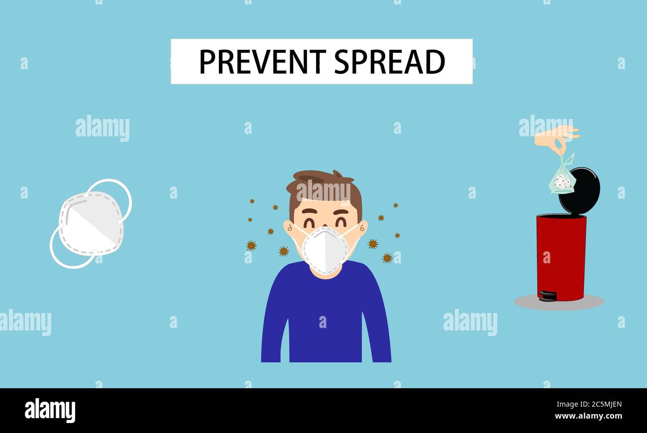 Indossare una maschera per prevenire il coronavirus (COVID-19. Smaltire la maschera usata nel sacchetto di plastica. Mettere la spazzatura nel contenitore per evitare di spargere. Foto Stock
