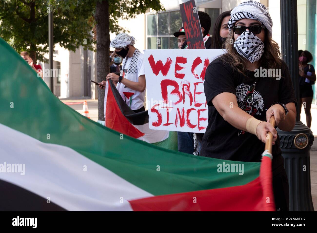 Atlanta, Stati Uniti. 3 luglio 2020. I manifestanti fanno onda di bandiere e tengono segnali fuori dal Consolato Generale d'Israele ad Atlanta, USA, per rifiutare l'annessione illegale di terra palestinese. Credit: Michah casella/Alamy Live News. Foto Stock