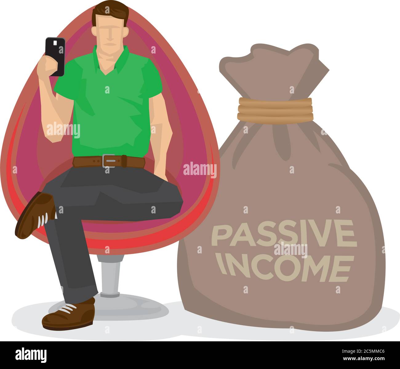 Giovane che lavora in ufficio con un sacco gigante di reddito passivo. Concetto di commerciante in linea, imprenditori o guadagnatore passivo di reddito. Isolato piano Illustrazione Vettoriale