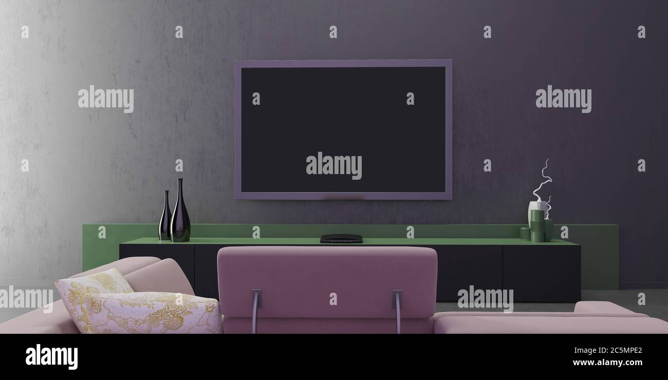 Interni design del soggiorno, parete verde e grigio classico, moderno e minimalista TV cabinet, design minimal, vista frontale con cornice, illustrazione 3D Foto Stock