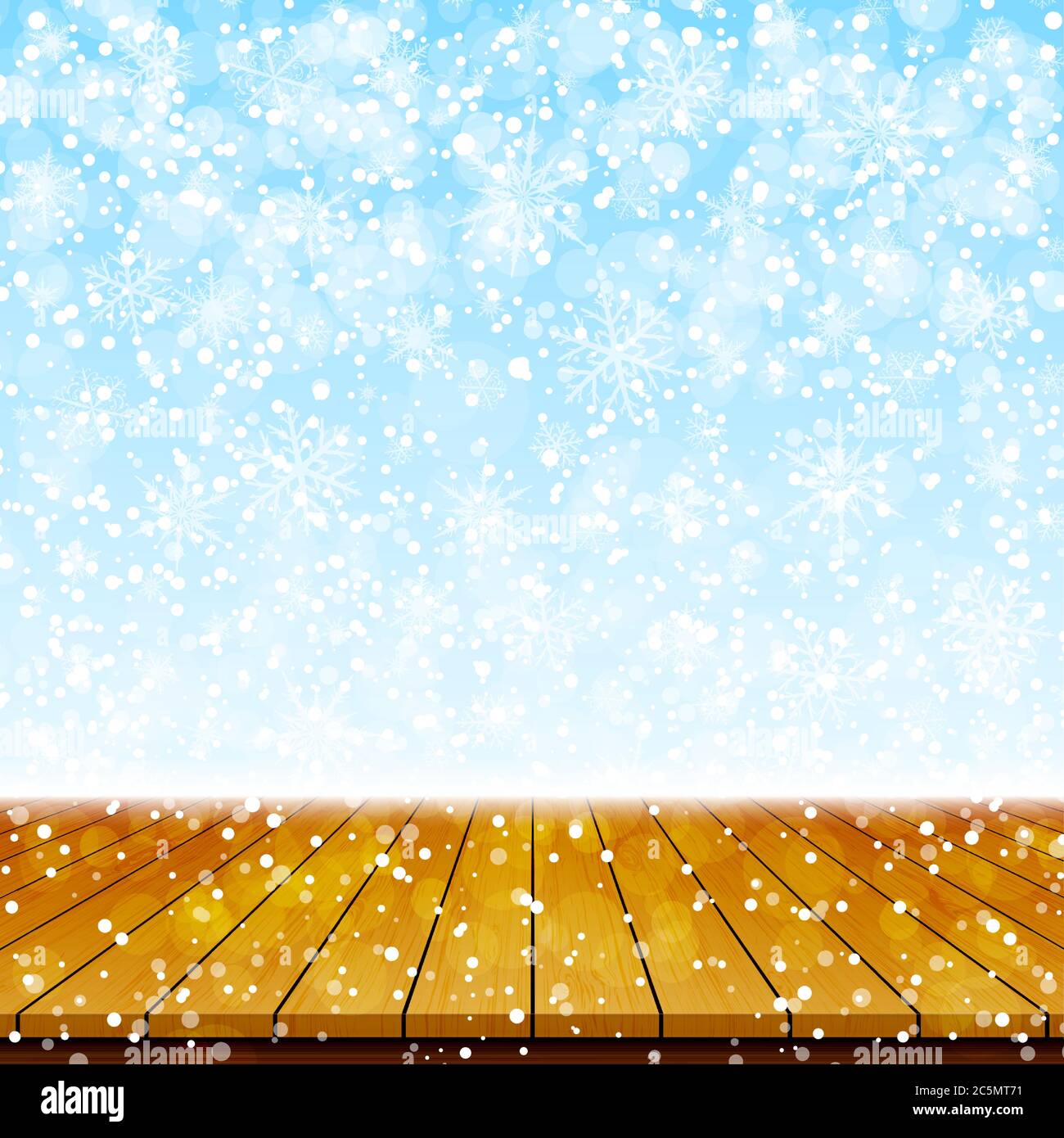 Buon natale e felice anno nuovo saluto sfondo. Paesaggio invernale con neve e tavola vettore in legno Illustrazione Vettoriale