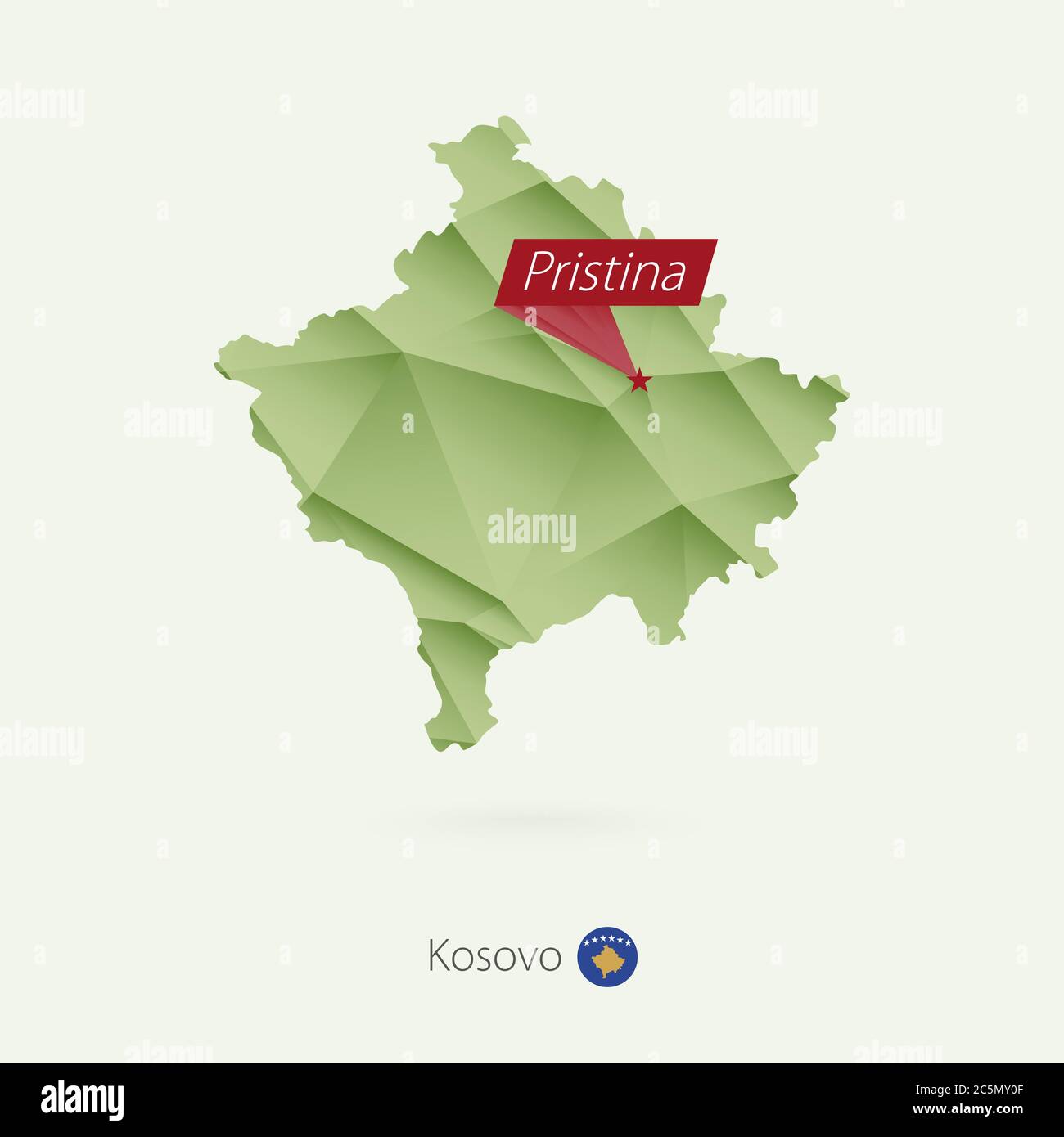 Mappa poly bassa gradiente verde del Kosovo con la capitale Pristina Illustrazione Vettoriale